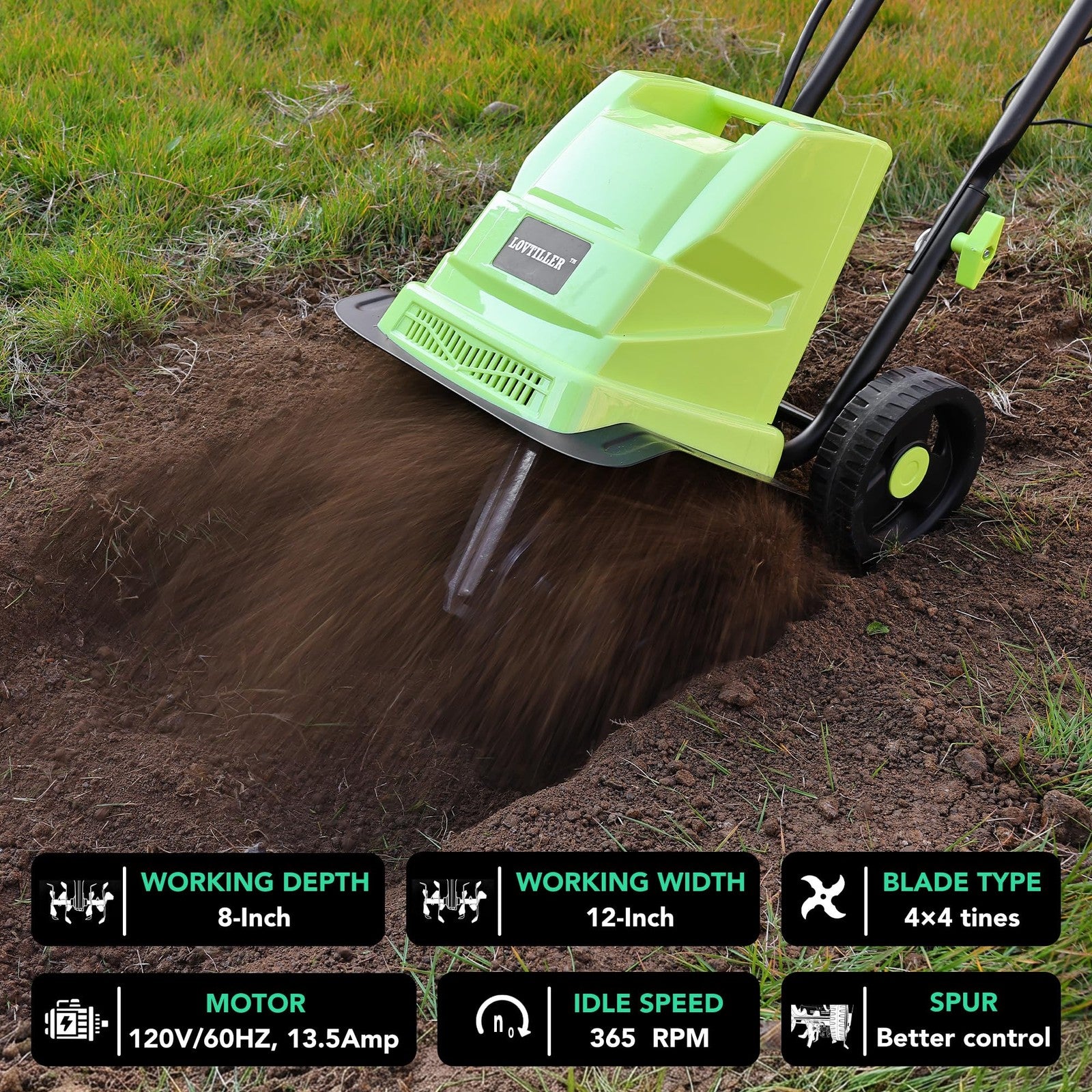 Small electric garden tiller cultivator with 13.5 amp power, featuring a 12-inch width and corded design for efficient soil tilling.