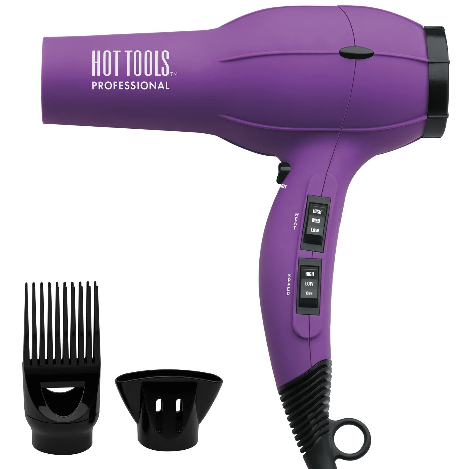 HOT TOOLS Pro Artist 1875W Turbo Ionic Hair Dryer with purple finish, smooths hair and reduces frizz for sleek blowouts.