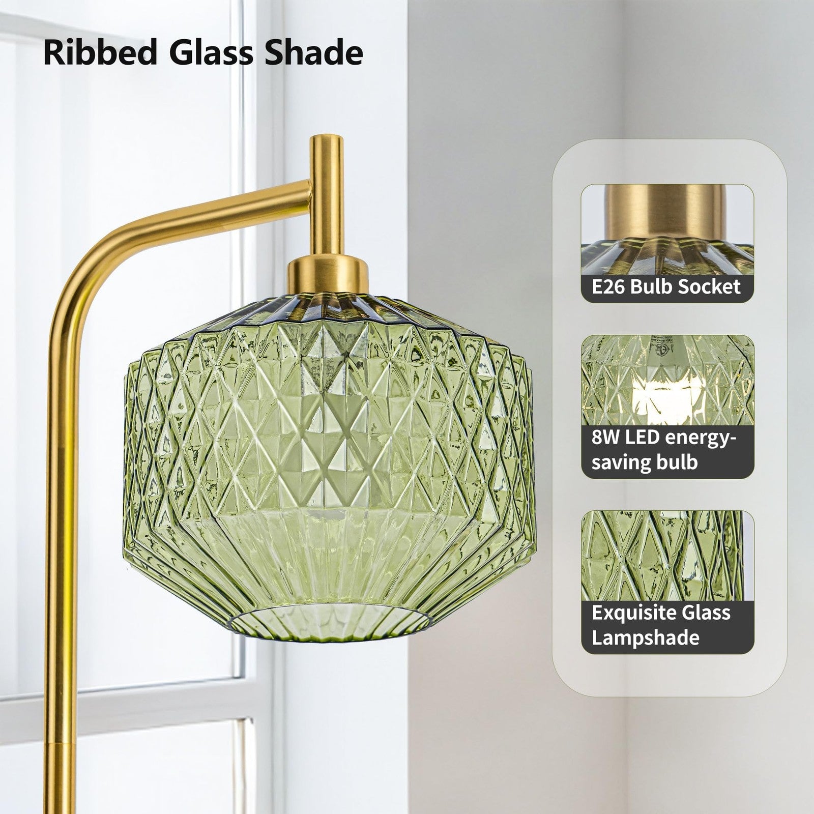 Emerald green ribbed glass floor lamp with mid-century modern design, standing on a sleek base.