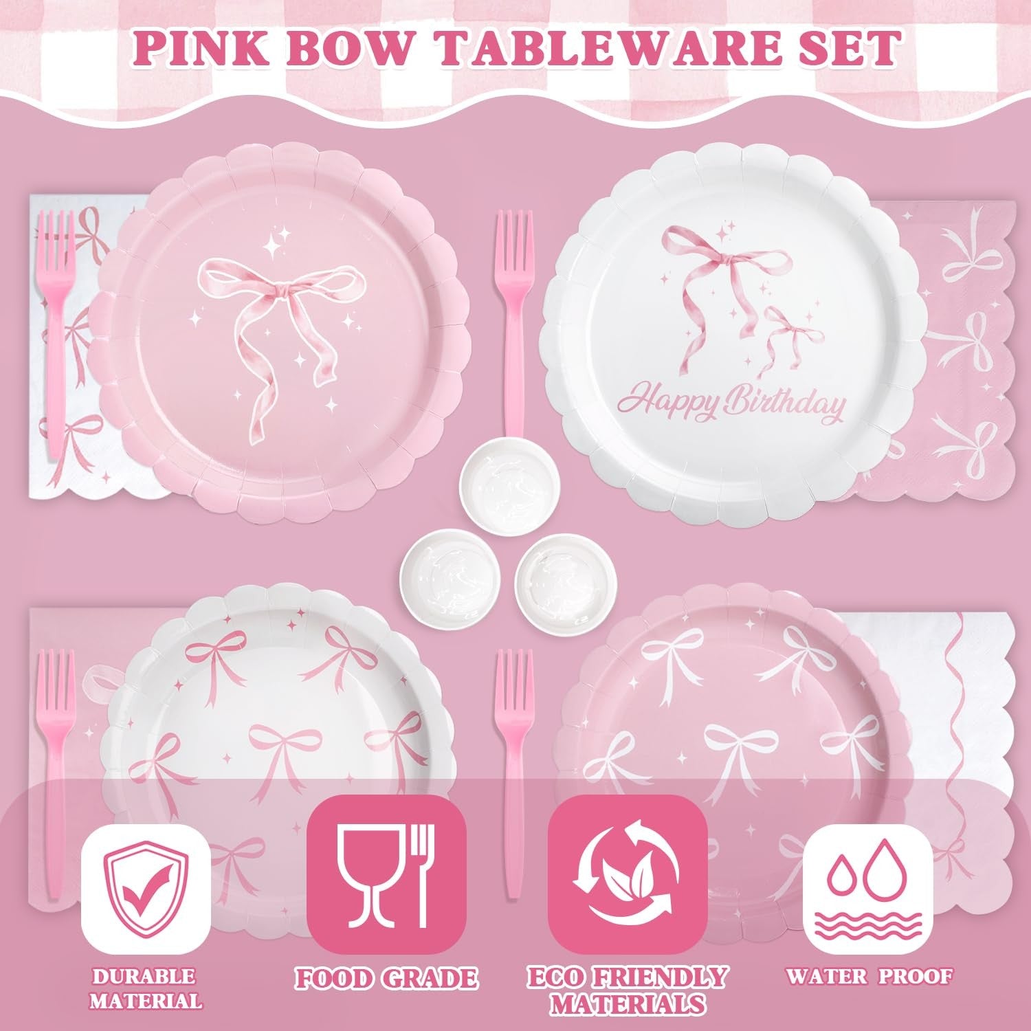 Set of 300 pink bow-themed coquette birthday tableware including plates, cups, and napkins by Kinovo.