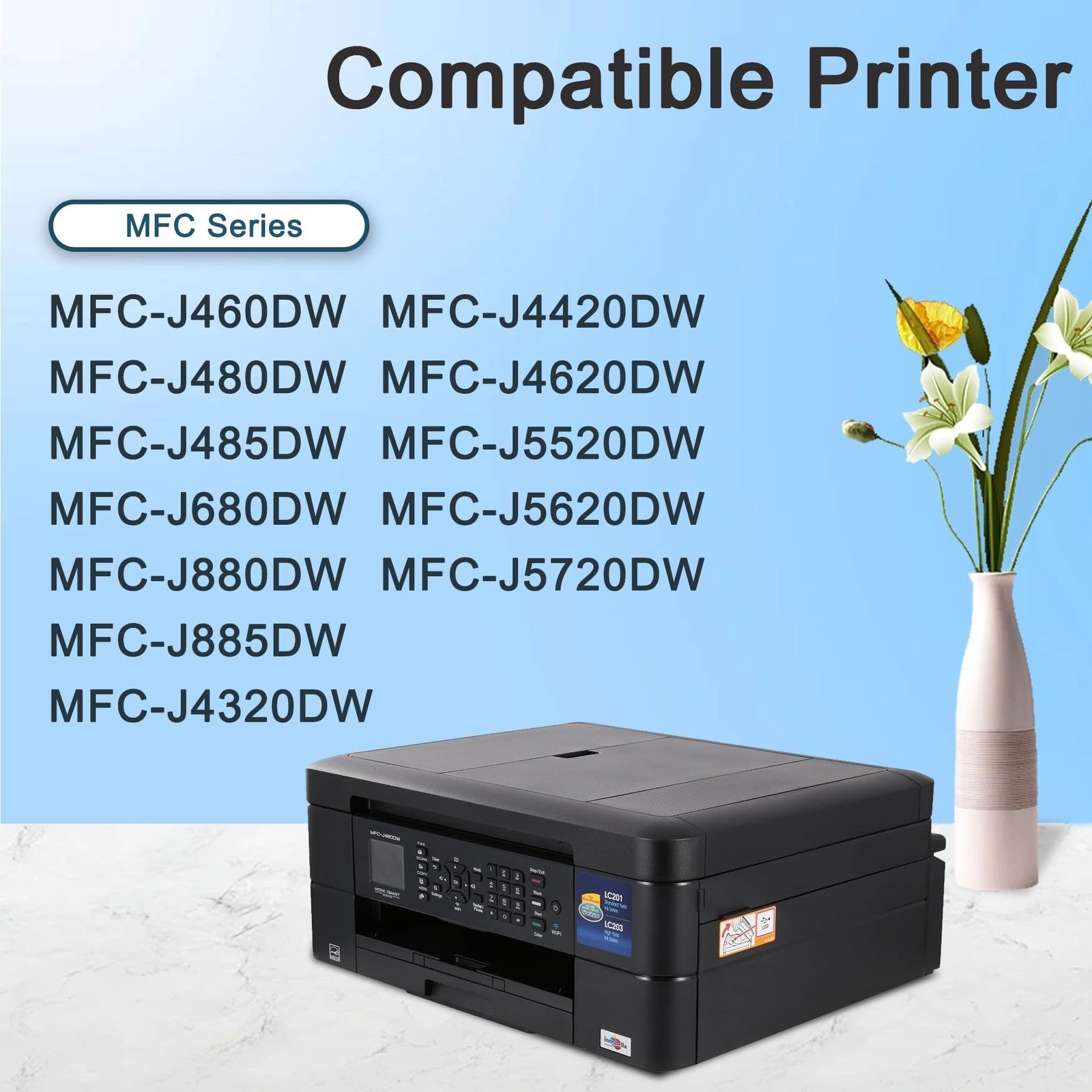 FADFAWN LC201 color ink cartridge 4-pack with black, cyan, magenta, and yellow for Brother MFC-J460DW inkjet printer.