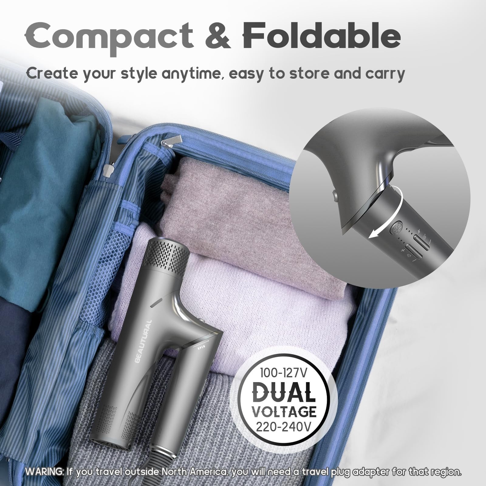 BEAUTURAL 1600W high-speed foldable travel hair dryer with brushless motor and sleek design for quick drying and easy portability