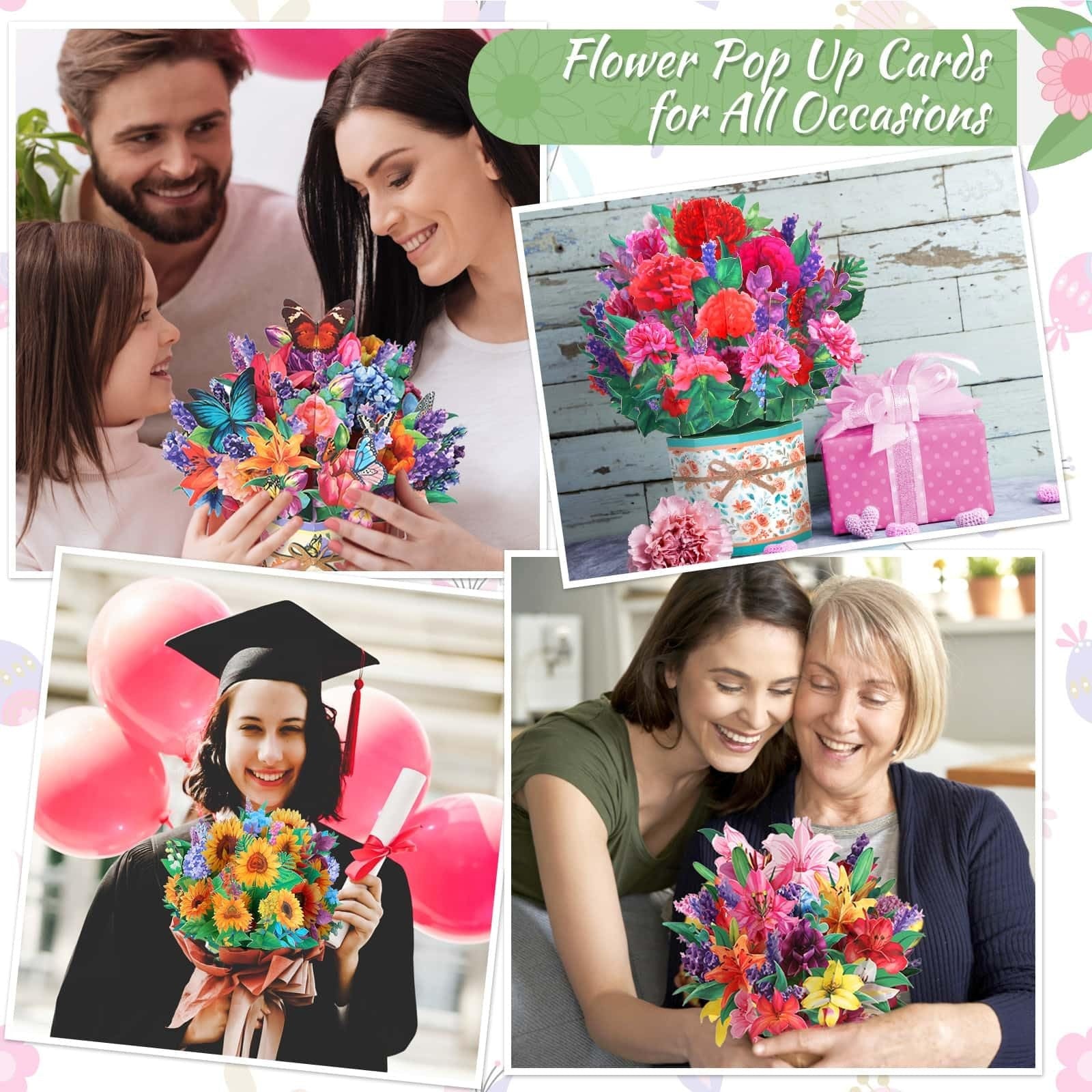 Six Caffox paper flower pop-up cards featuring 3D flower bouquets and greeting card designs with vibrant, detailed floral illustrations.