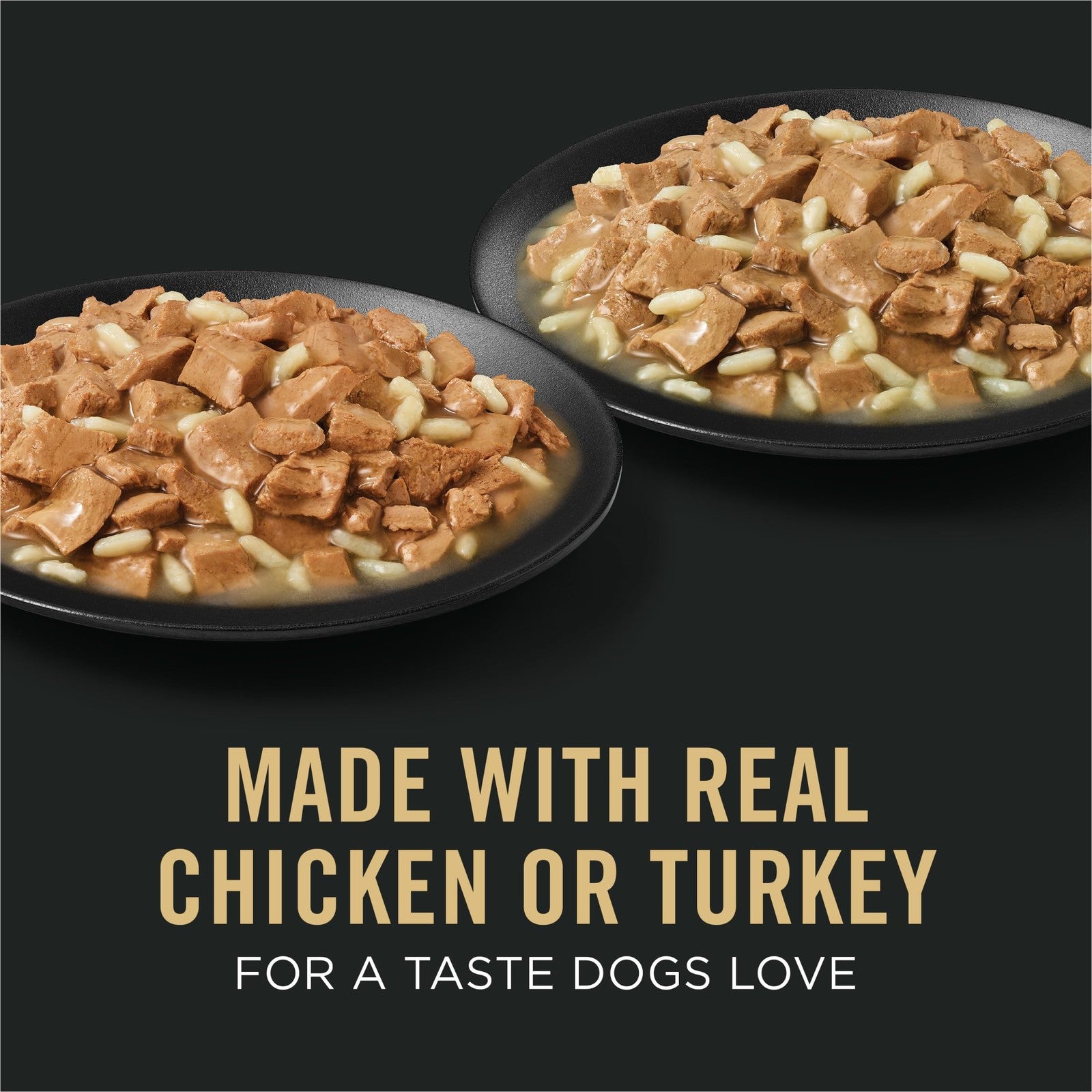 Canned Purina Pro Plan weight management wet dog food with chicken and rice in a bowl, showing the moist dog food texture.