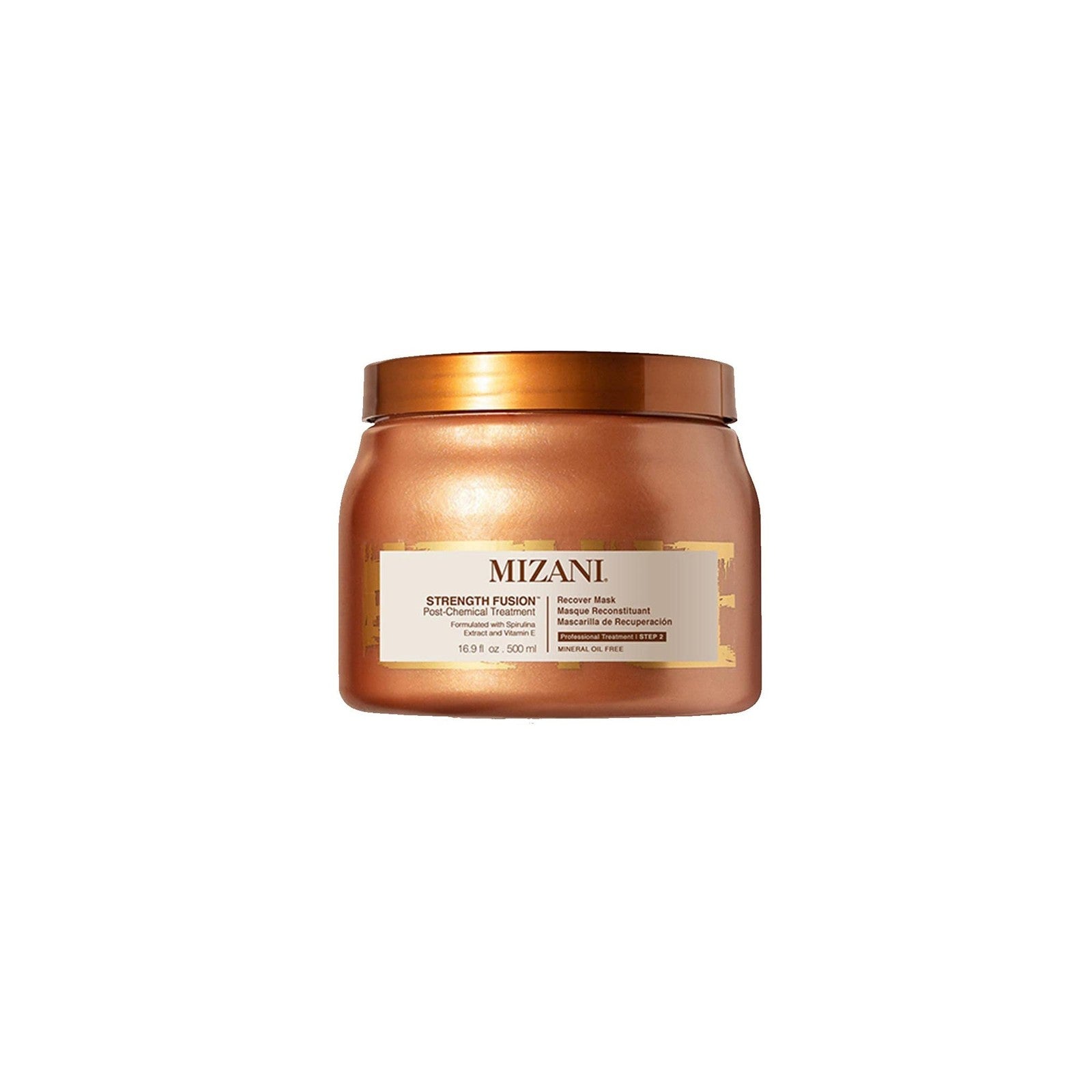 Mizani Strength Fusion Recover Mask jar for damaged hair, intense night-time treatment in a sleek black container.