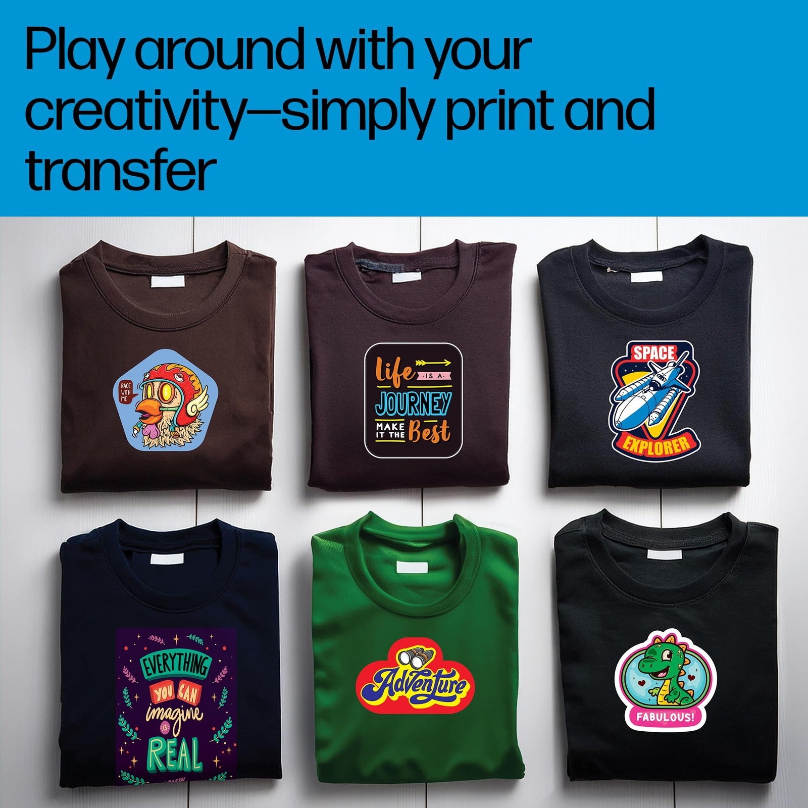 HP dark fabric iron-on transfer sheets, 8.5x11 inches, showing examples of colorful designs on dark fabric.
