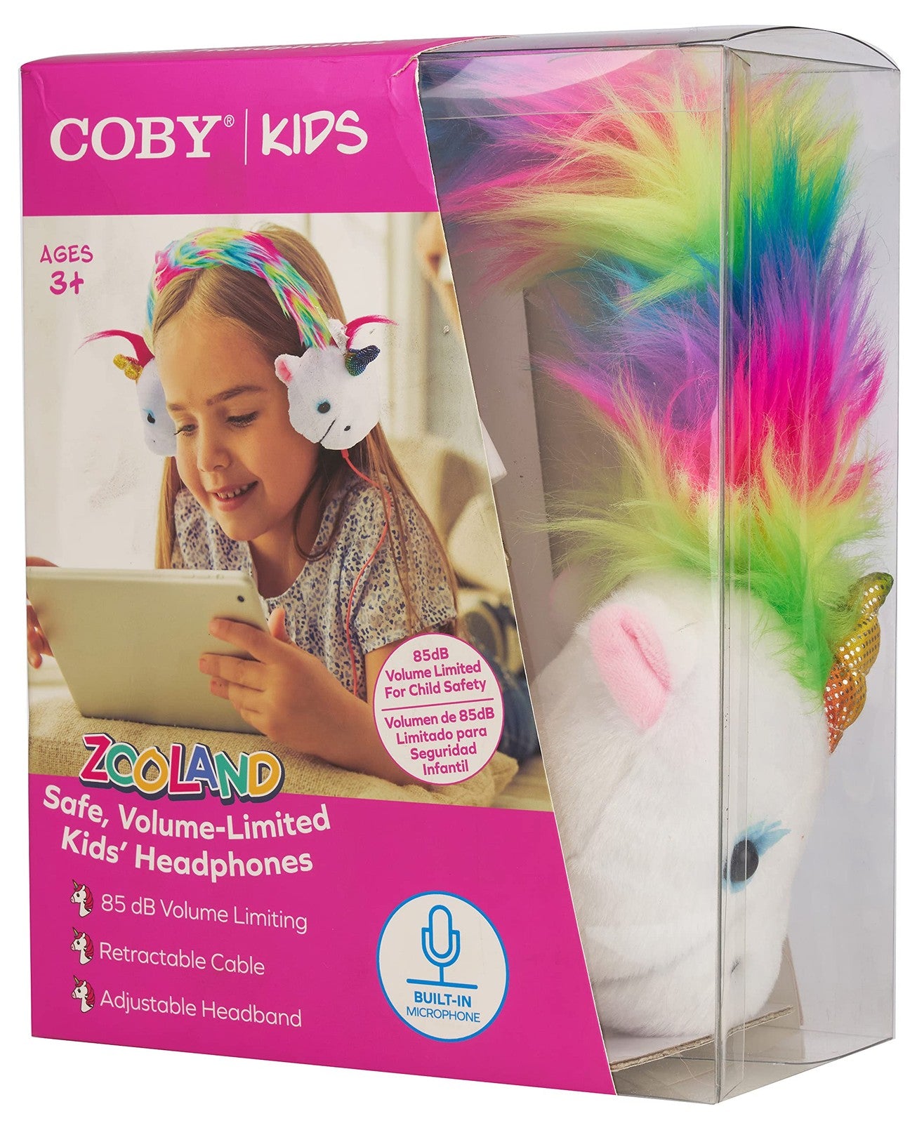 Coby Zooland wired plush kids' headphones with over-ear design and 3.5mm audio jack, colorful and kid-friendly.