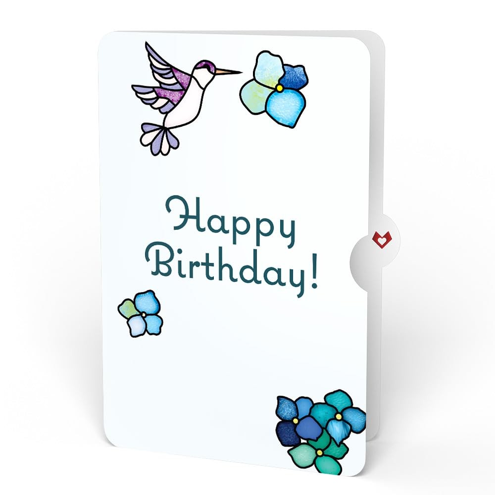 Lovepop birthday suncatcher bouquet featuring sunlit hydrangeas and birthday sentiment in intricate paper craft display.