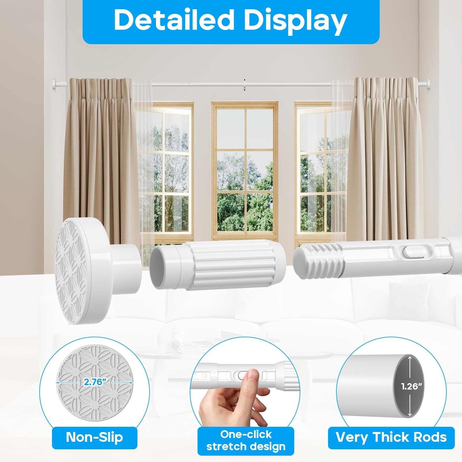 White Zipglo tension shower curtain rod, adjustable length 40-103 inches, unbranded, installed in a bathroom shower space