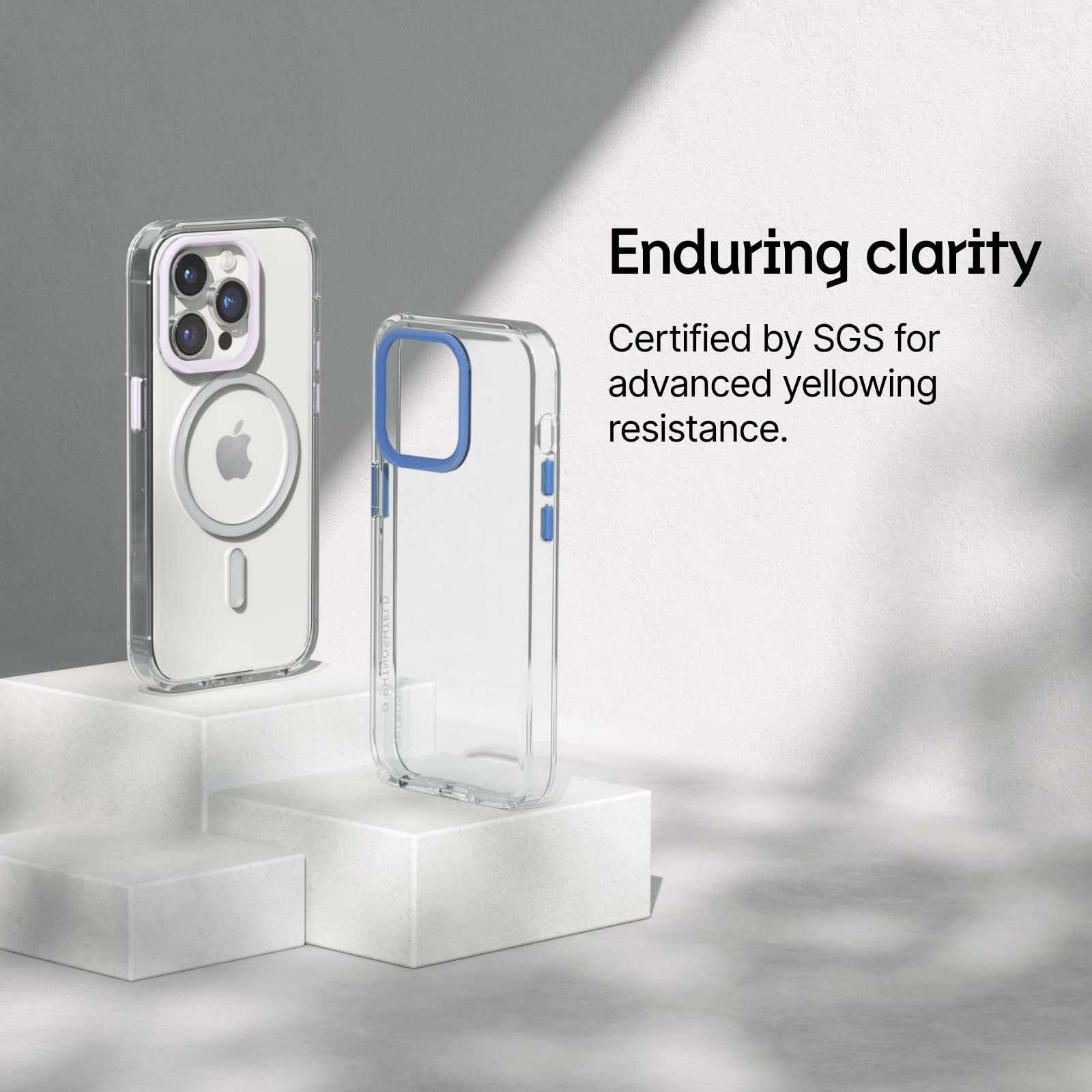 RhinoShield Clear iPhone 15 Pro Max case with MagSafe, showing sleek transparent design and reinforced 10ft drop protection.