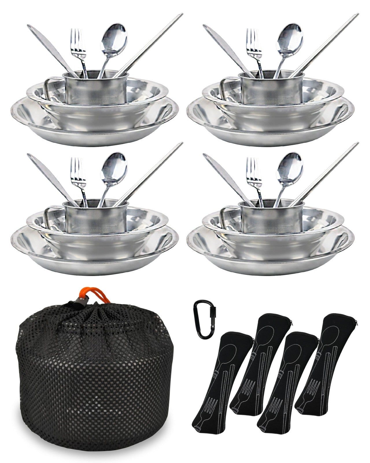 Fortitude21 4-person camping mess kit with utensils, plates, and cups for outdoor cooking and picnics.