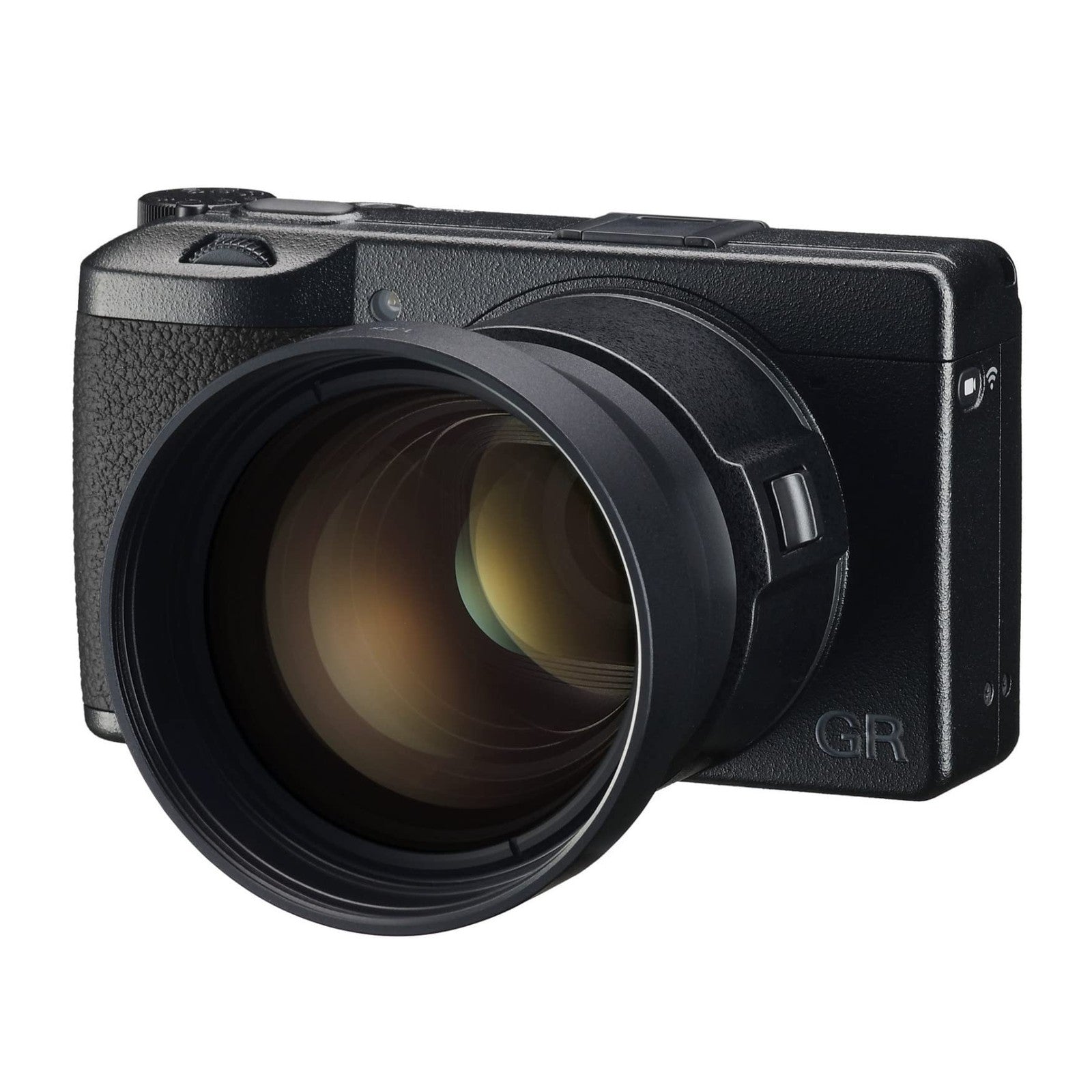 Ricoh GA-2 lens adapter for Ricoh GR IIIx camera, shown attached with tele-conversion lens, used for enhancing telephoto capabilities.