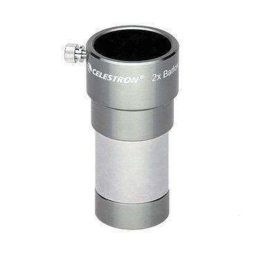 Celestron Omni Barlow Lens 2x, silver, 1.25-inch telescope accessory with optical glass for increased magnification.