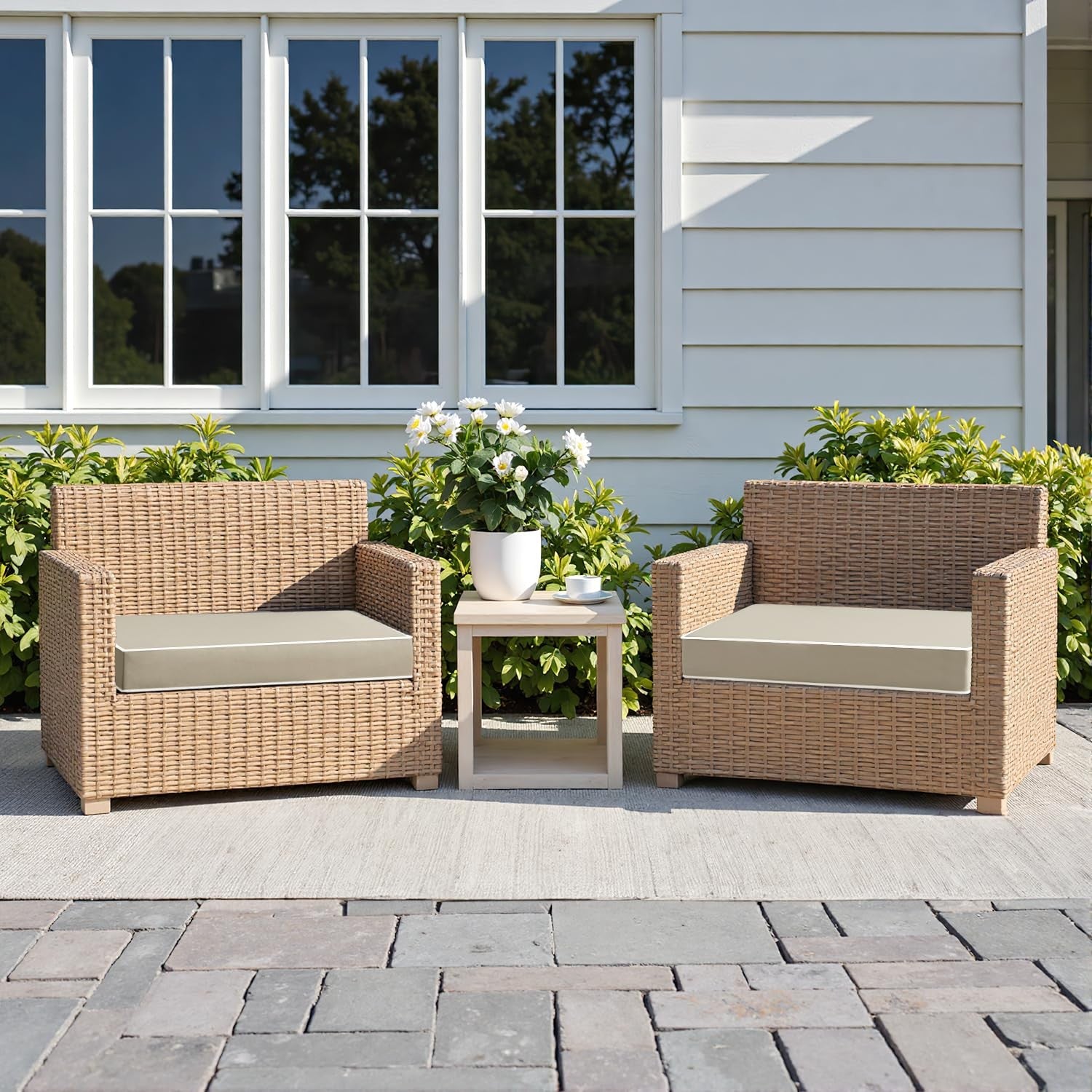 Set of two MIULEE outdoor chair cushions, 22x22x3 inches, waterproof fabric with plush padding, ideal for patio seating.
