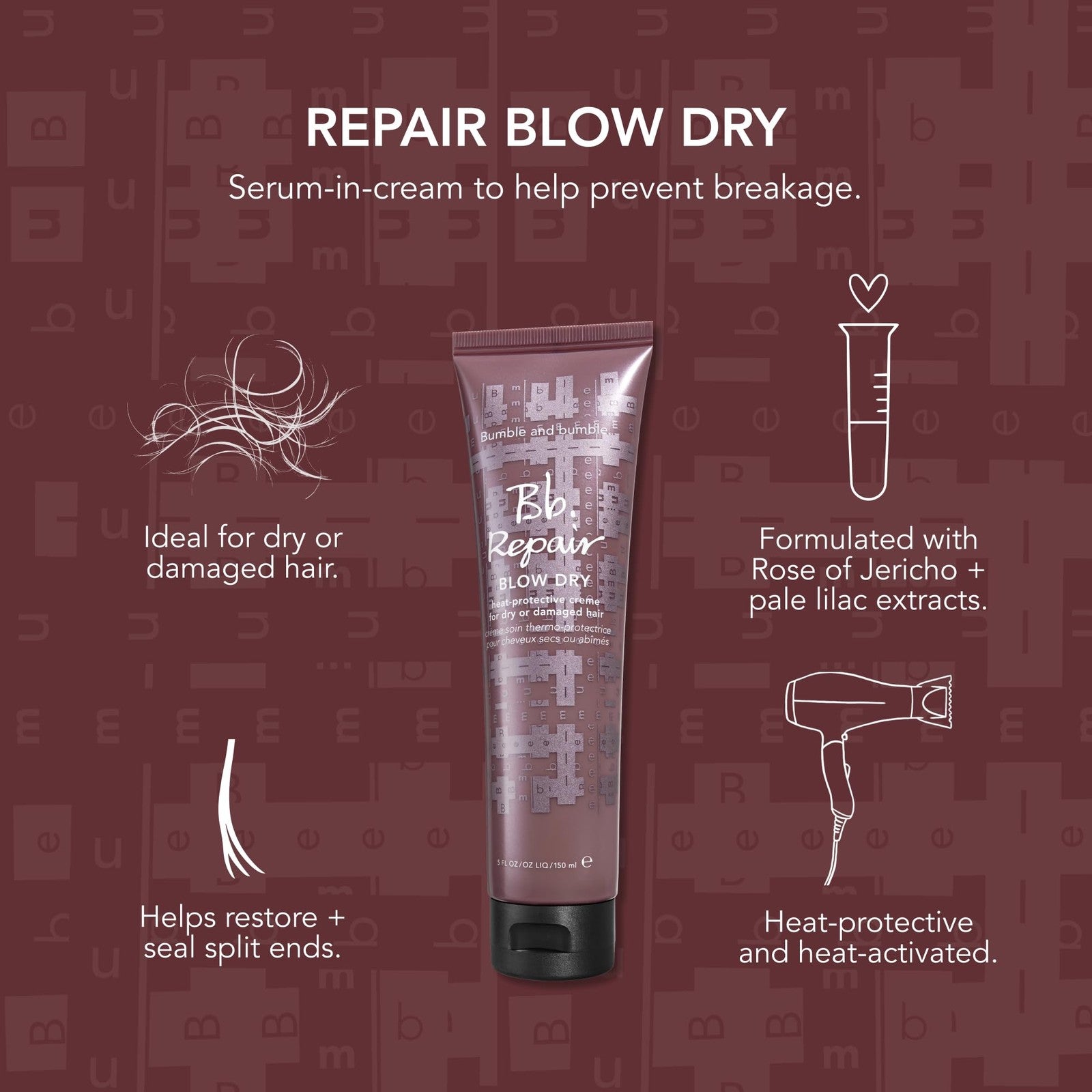 Bumble and bumble Repair Blow Dry Heat Protective Styling Cream in 5oz tube, designed for damaged hair protection during styling
