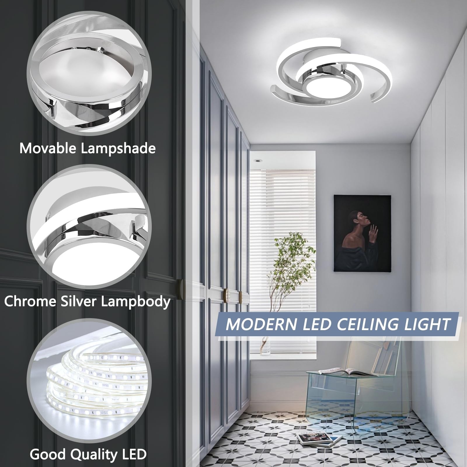Modern white ADISUN LED ceiling light fixture with semi-flush mount design and 6000K bright white illumination.