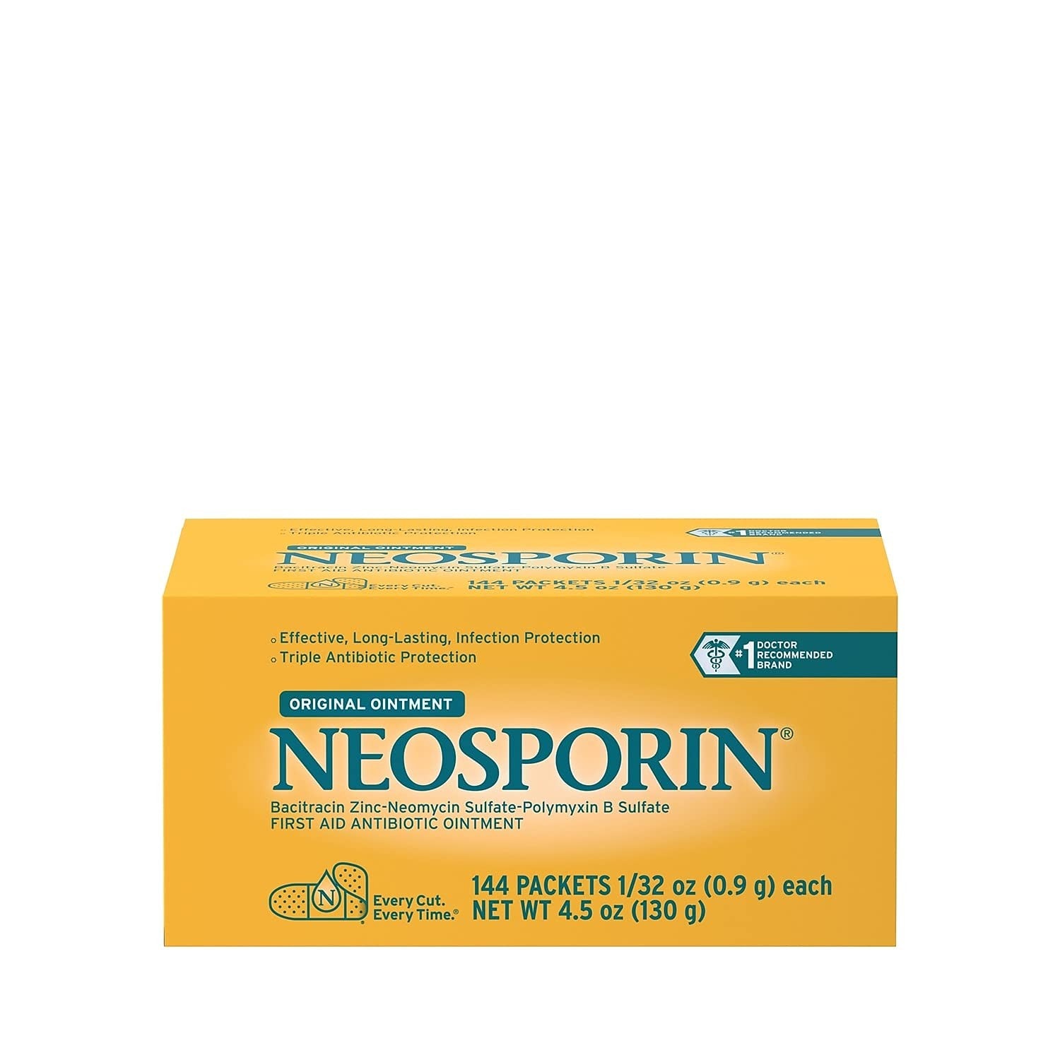 Neosporin antibiotic ointment capsules in yellow packaging, 0.31oz, pack of 144, for wound care and skin protection.