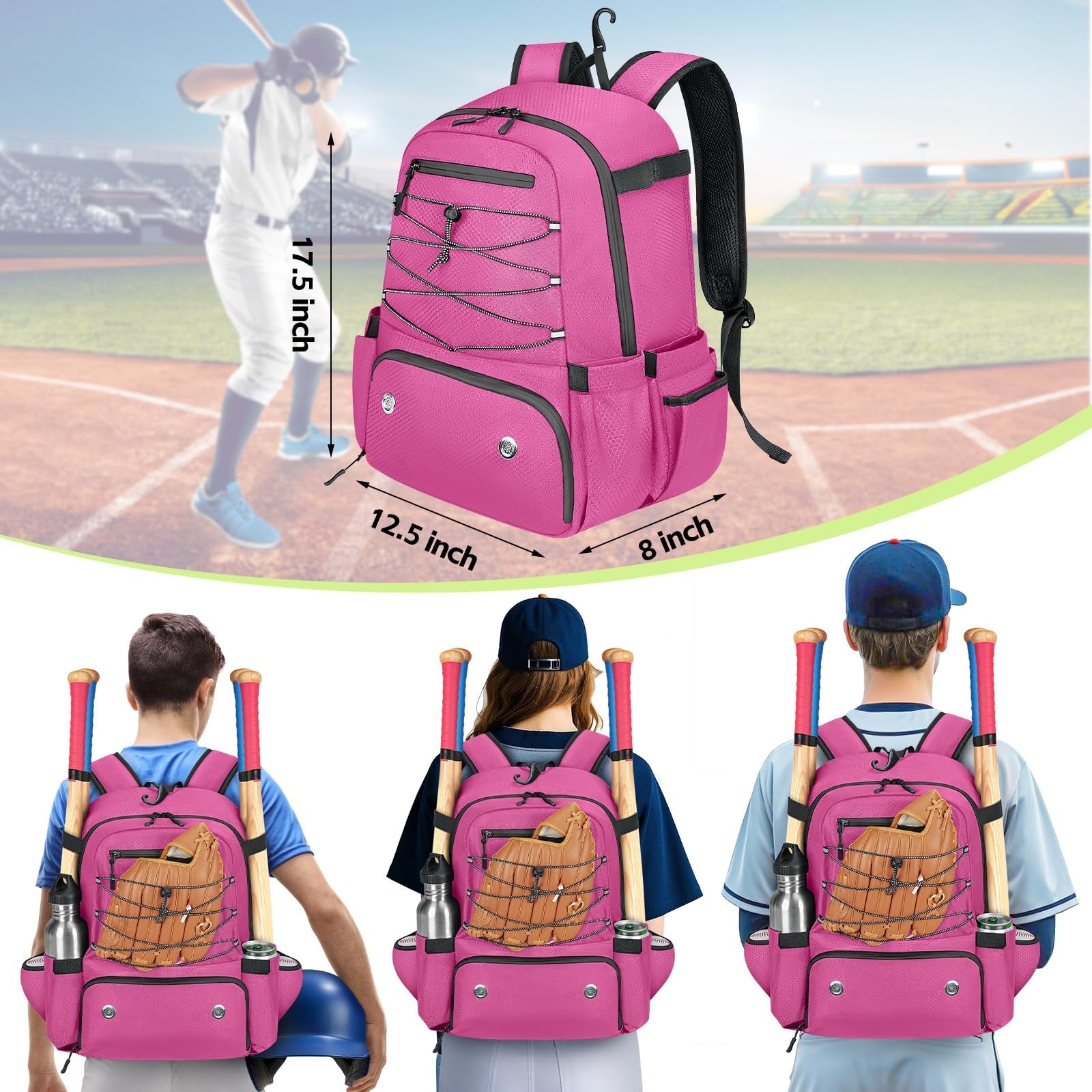 MATEIN youth softball backpack with multiple compartments, holds 4 bats and shoes, lightweight baseball bag for young players.