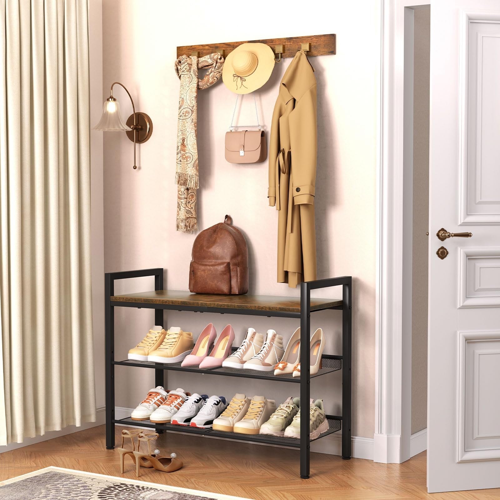 WIN4ALL 3-tier shoe rack for front door entrance, organized shoe storage for entryway, made of durable metal with multiple shelves