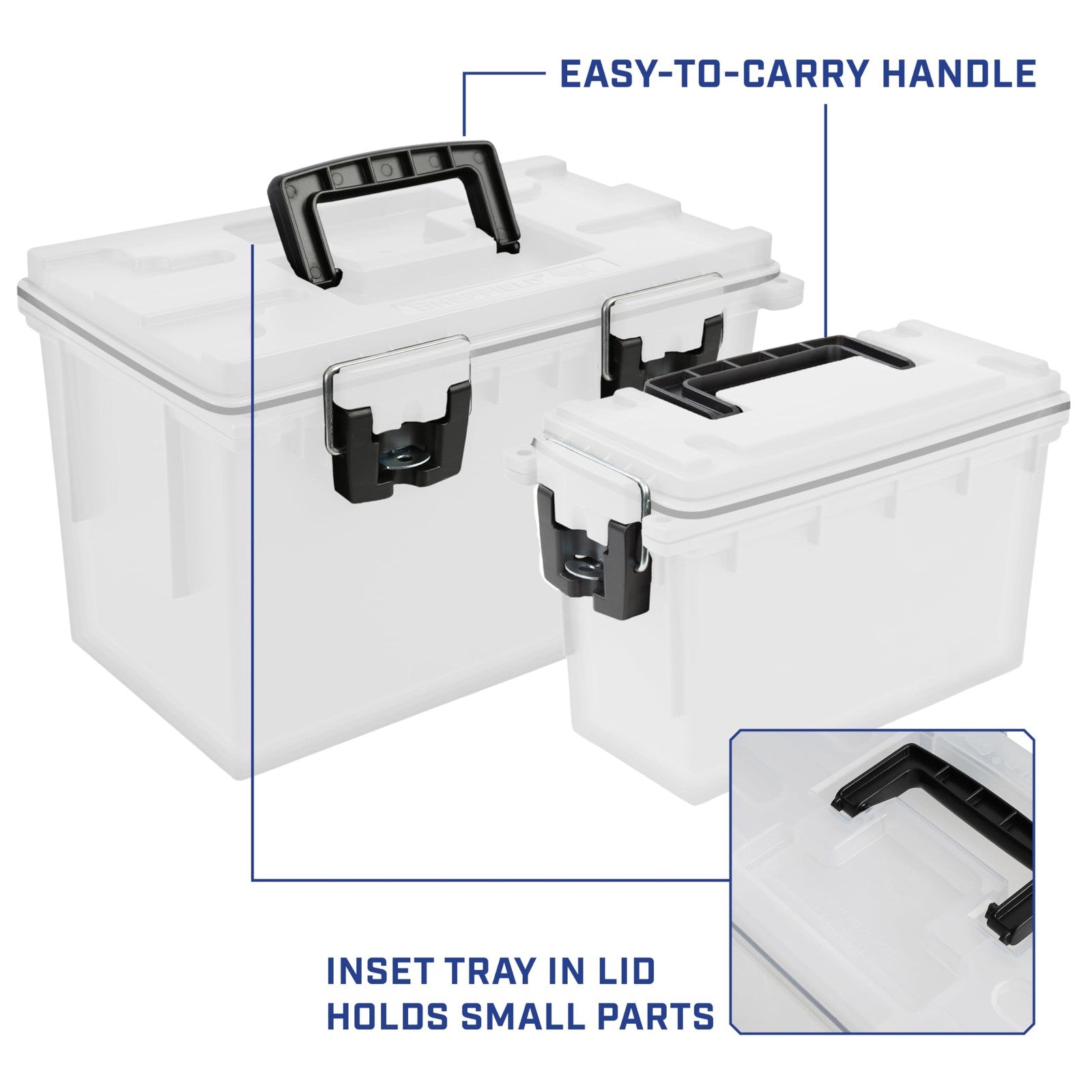 Two Sheffield 12722 stackable storage bins with lids, made in the USA, shown stacked with clear plastic construction and secure lids.