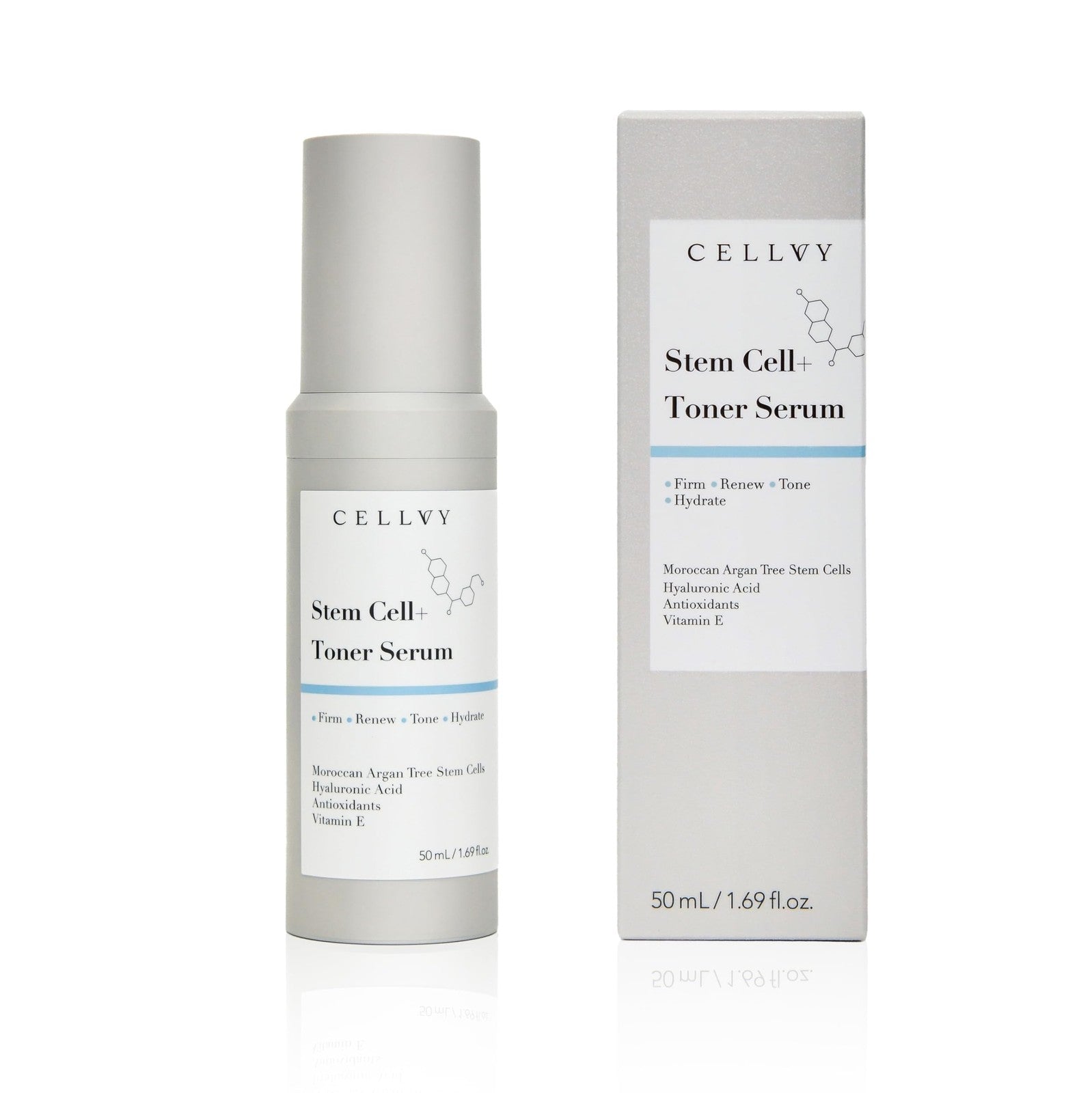CELLVY Korean stem cell toner serum with Moroccan argan tree stem cells and hyaluronic acid, in a clear pump bottle.
