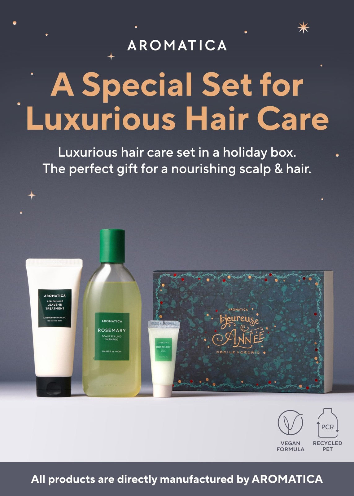 AROMATICA Rosemary hair care gift set with shampoo and heat protection spray, featuring natural rosemary ingredients for hair growth.