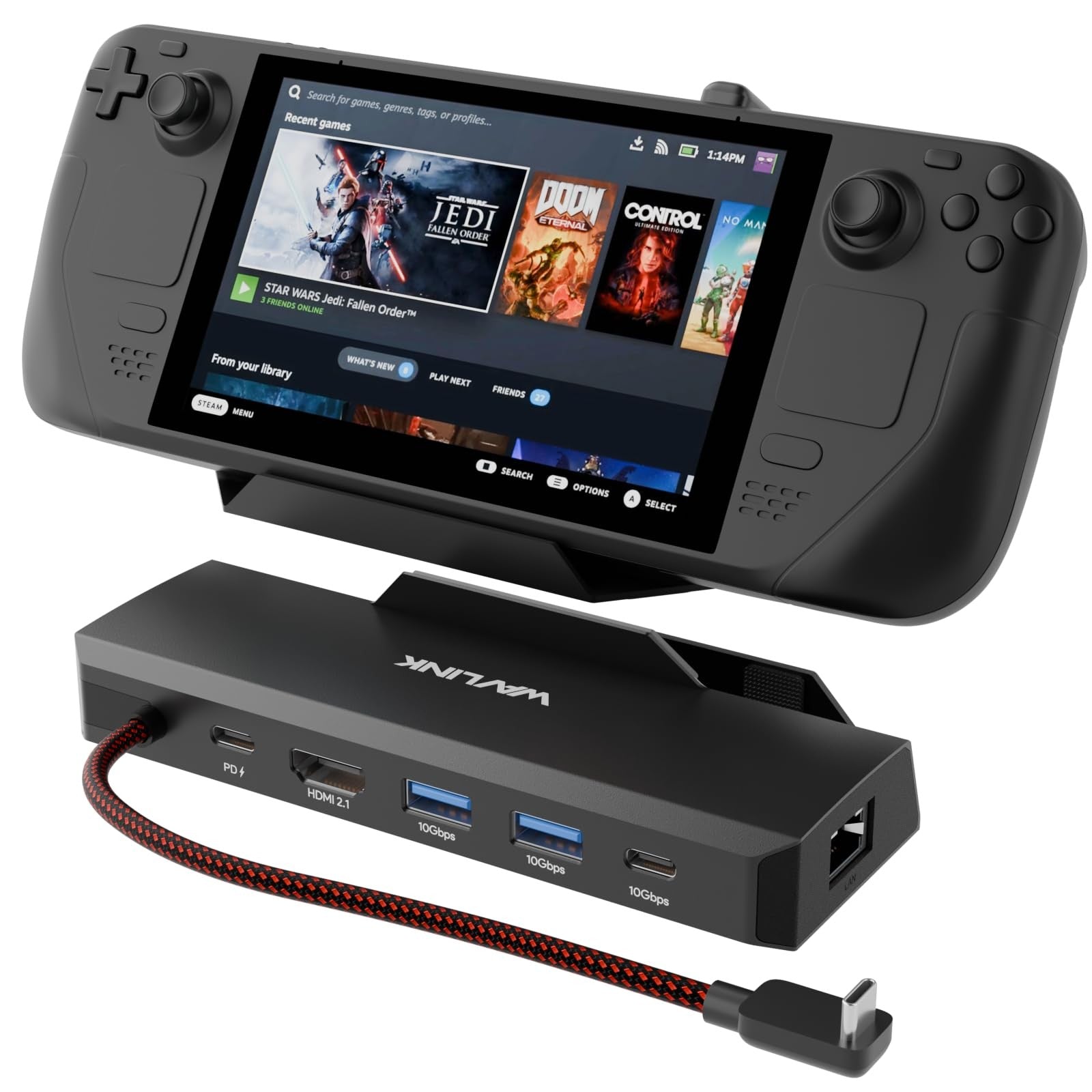 WAVLINK 6-in-1 Steam Deck Docking Station with HDMI 2.1 port, USB ports, 4K@144Hz display, and 100W power delivery.