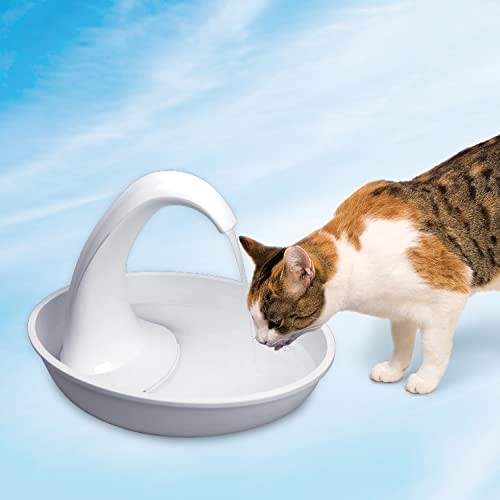 Pioneer Pet Swan pet drinking fountain with 80oz capacity, featuring a sleek design for cats and dogs, shown with flowing water.
