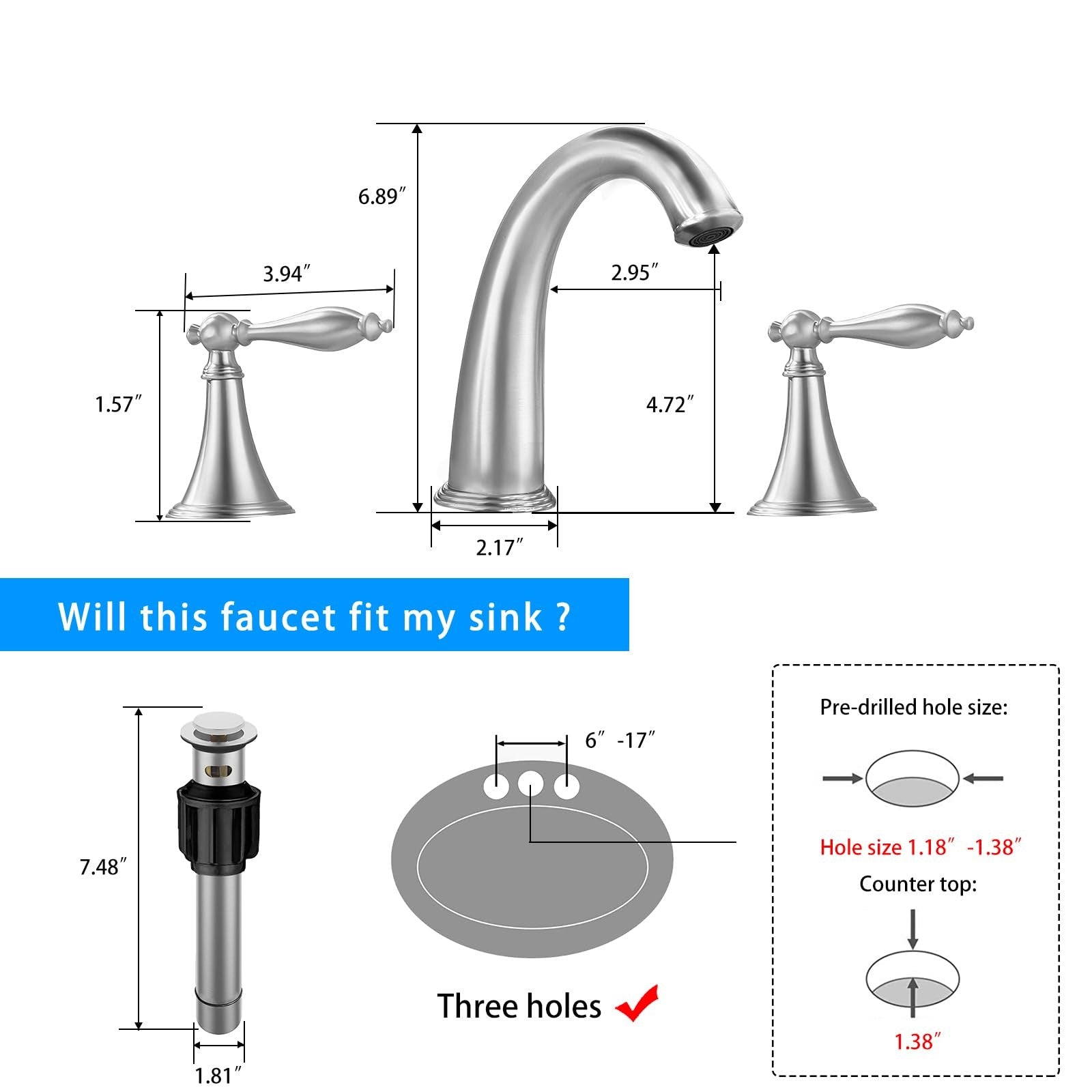 SaniteModar brushed brass bathroom sink faucet with three-hole wide design, modern bathroom fixture for stylish sink installation