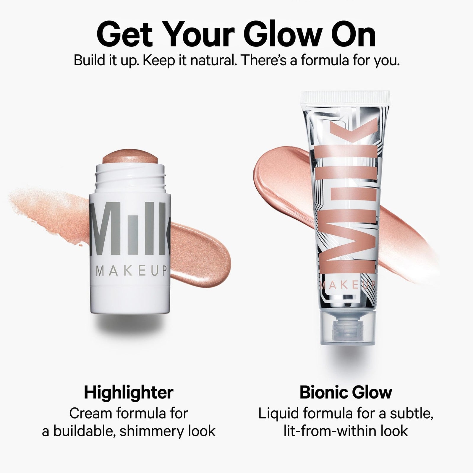 Milk Makeup highlighter stick for face and body with a radiant, shimmery finish, showcasing the cream highlighter application and glow.