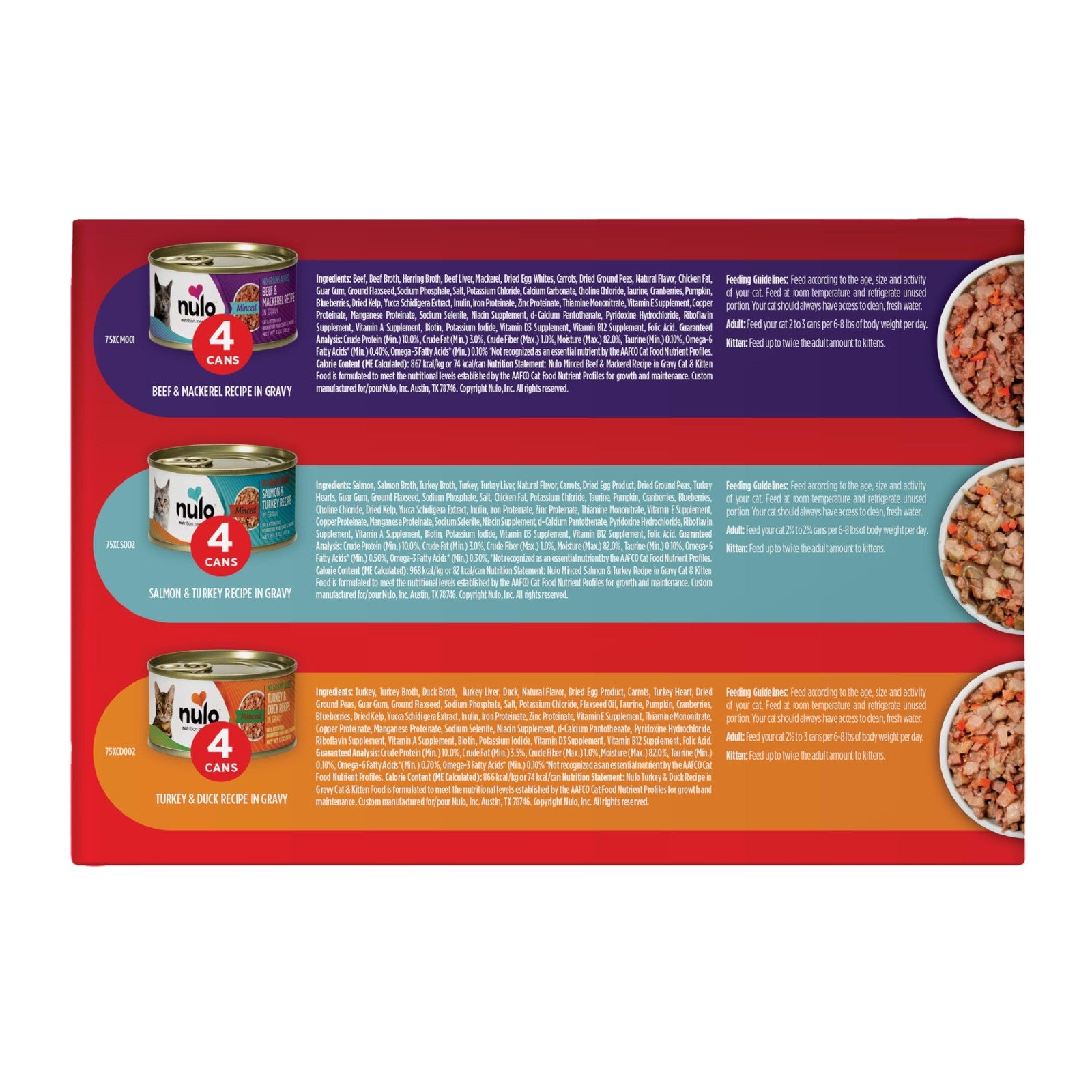 Bundle of Nulo grain-free minced wet cat food in various flavors, 3-ounce cans, featuring colorful labels and cat food textures.