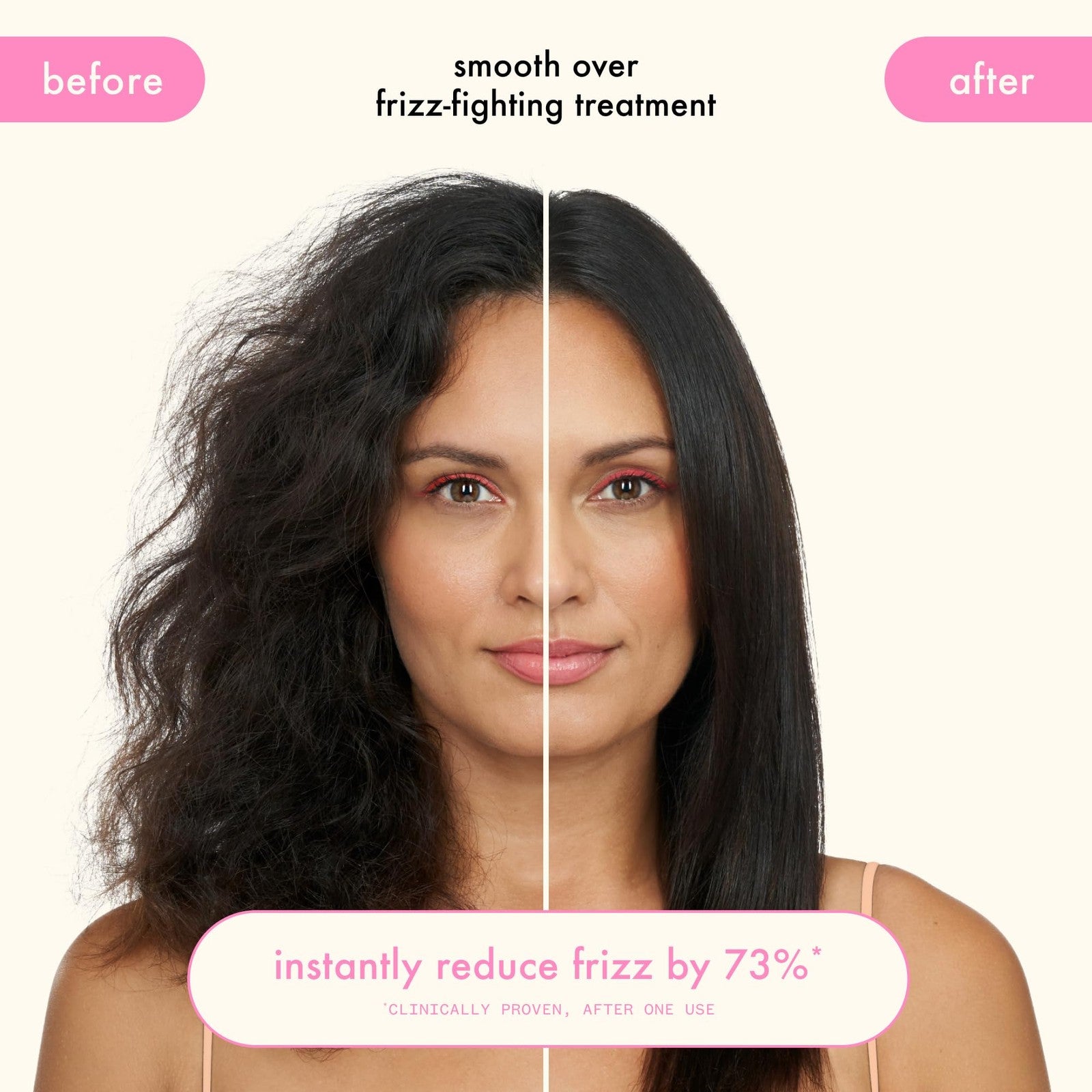 Amika Smooth Over frizz-fighting treatment mask in a sleek jar, designed to smooth and tame frizzy hair.