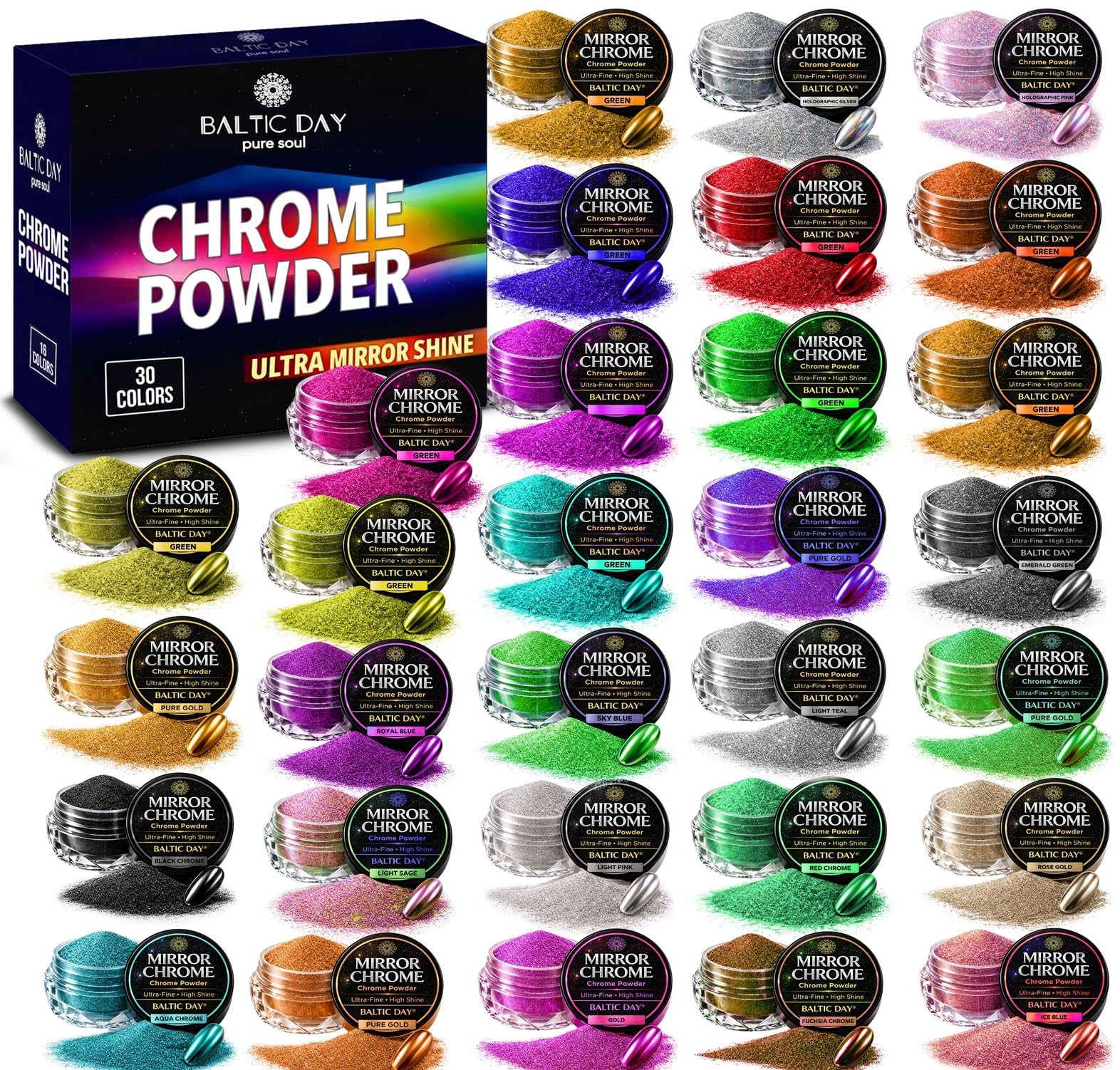 BALTIC DAY Chrome Mica Powder for Resin, metallic pigment in a jar, showing a shimmering, ultra-mirror chrome finish for crafts and art projects