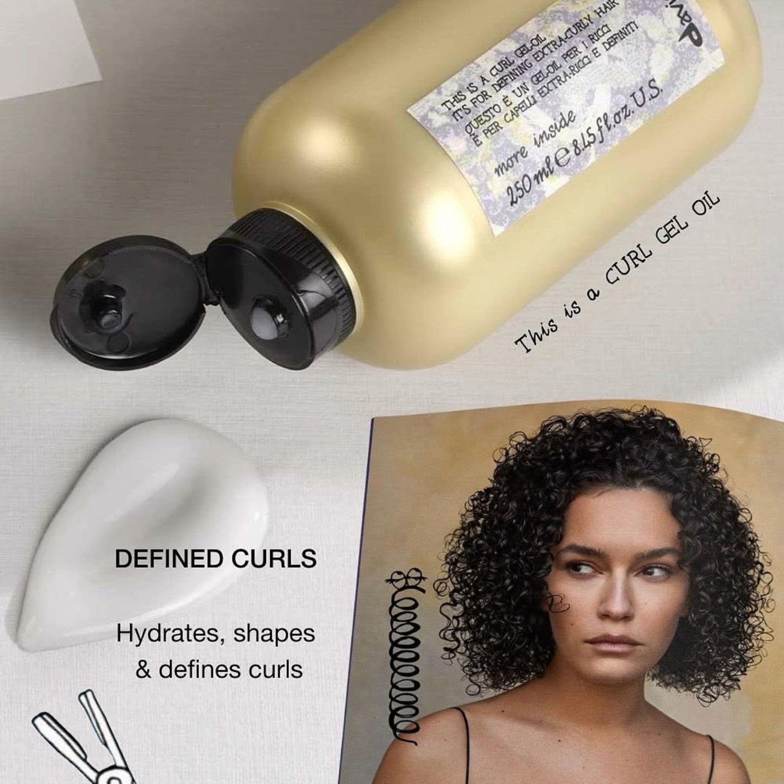 Davines This is a Curl Gel Oil for curly hair, 8.45 fl oz, in a clear bottle with a pump dispenser.