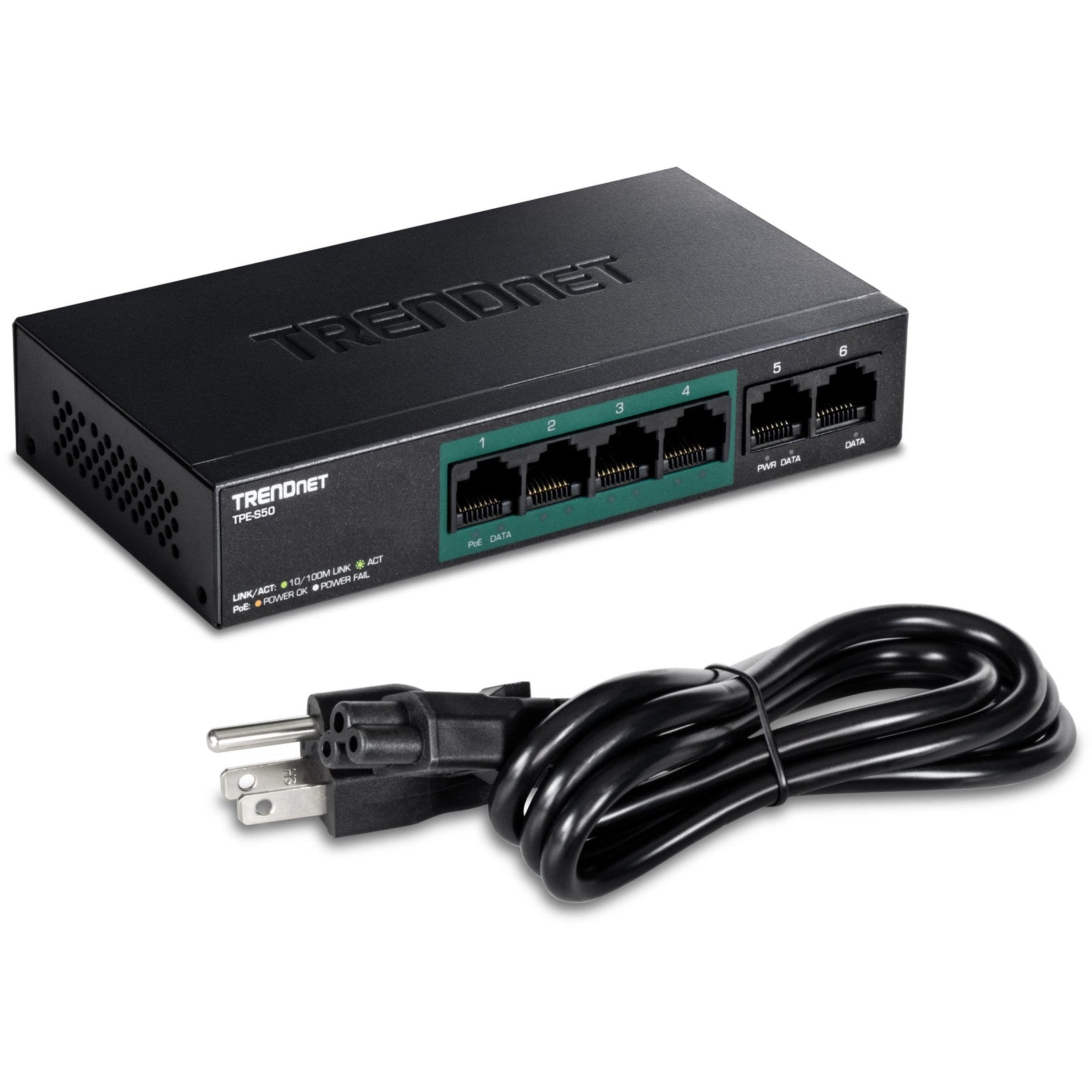 TRENDnet 6-Port Fast Ethernet PoE+ switch with NDAA compliance and 60W PoE budget, showing ports and LED indicators.