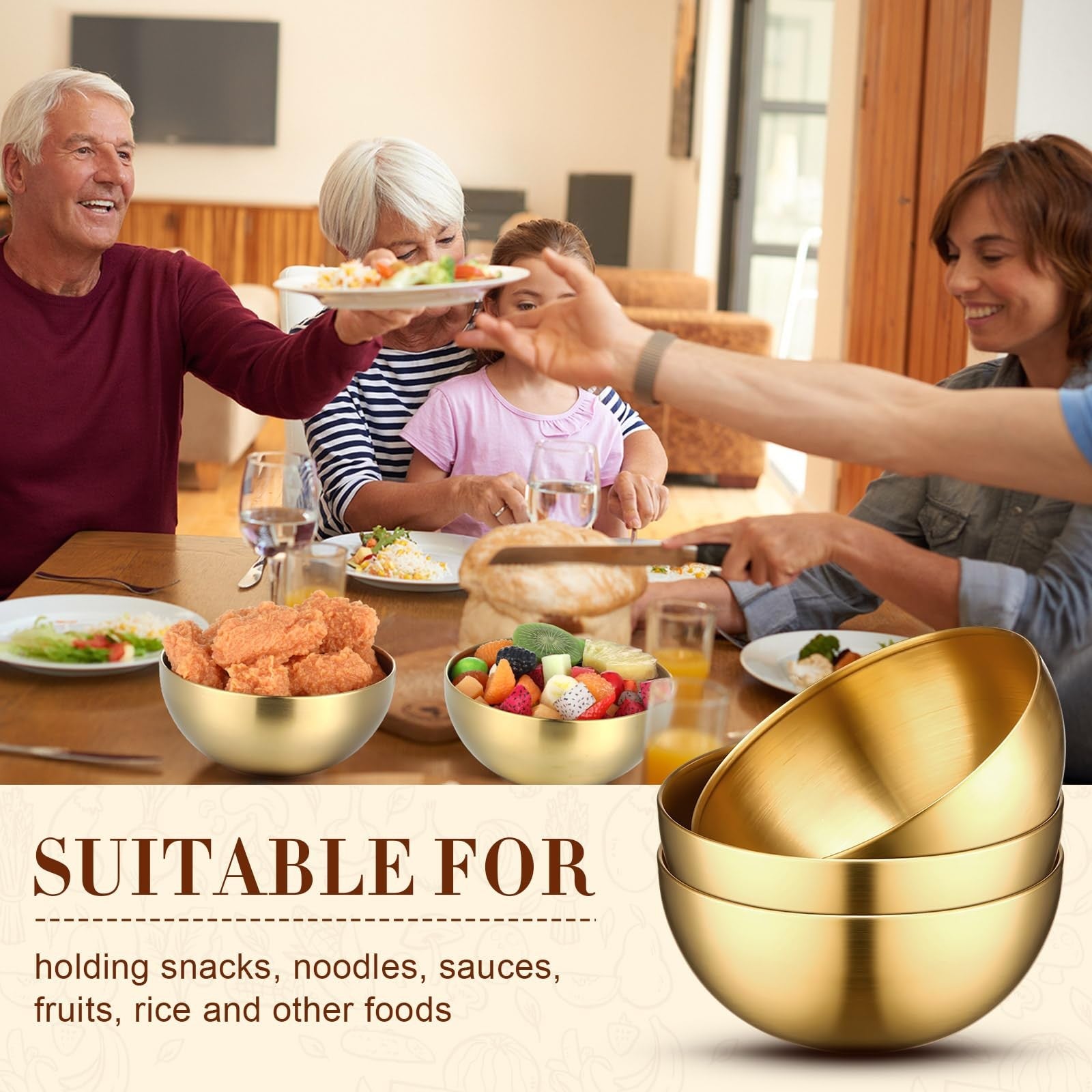 Set of six Nuogo stainless steel mixing bowls with decorative gold finish, versatile for baking and food preparation.