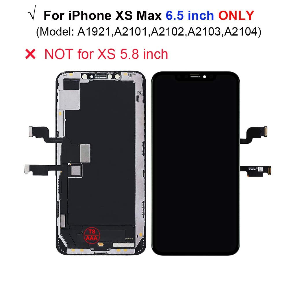 iPhone Xs Max 6.5-inch LCD touch screen replacement by Tsiofo showing the front display with digitizer and frame