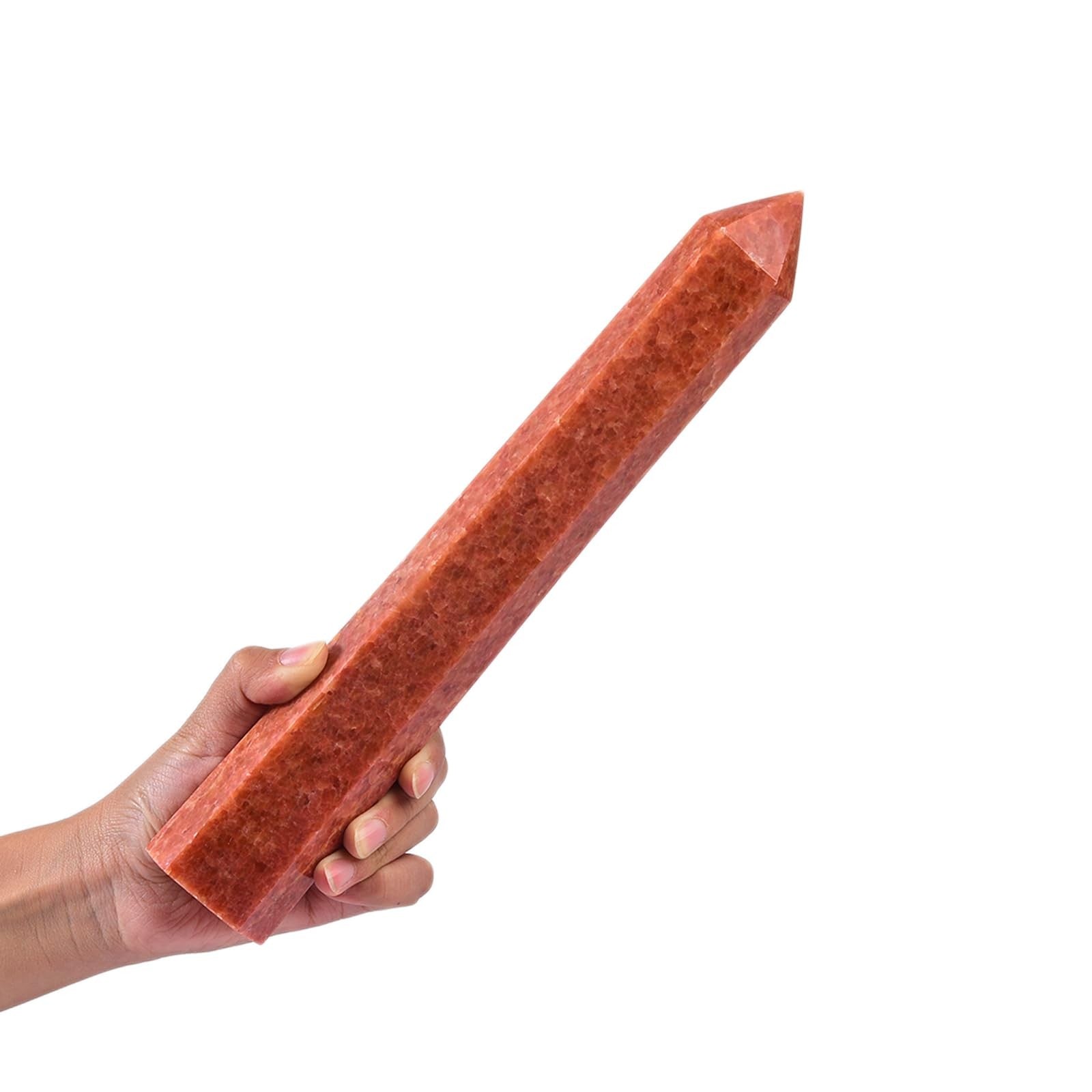JIC Gem large sunstone obelisk tower with 6 facets, natural healing crystal wand with vibrant orange and golden hues.