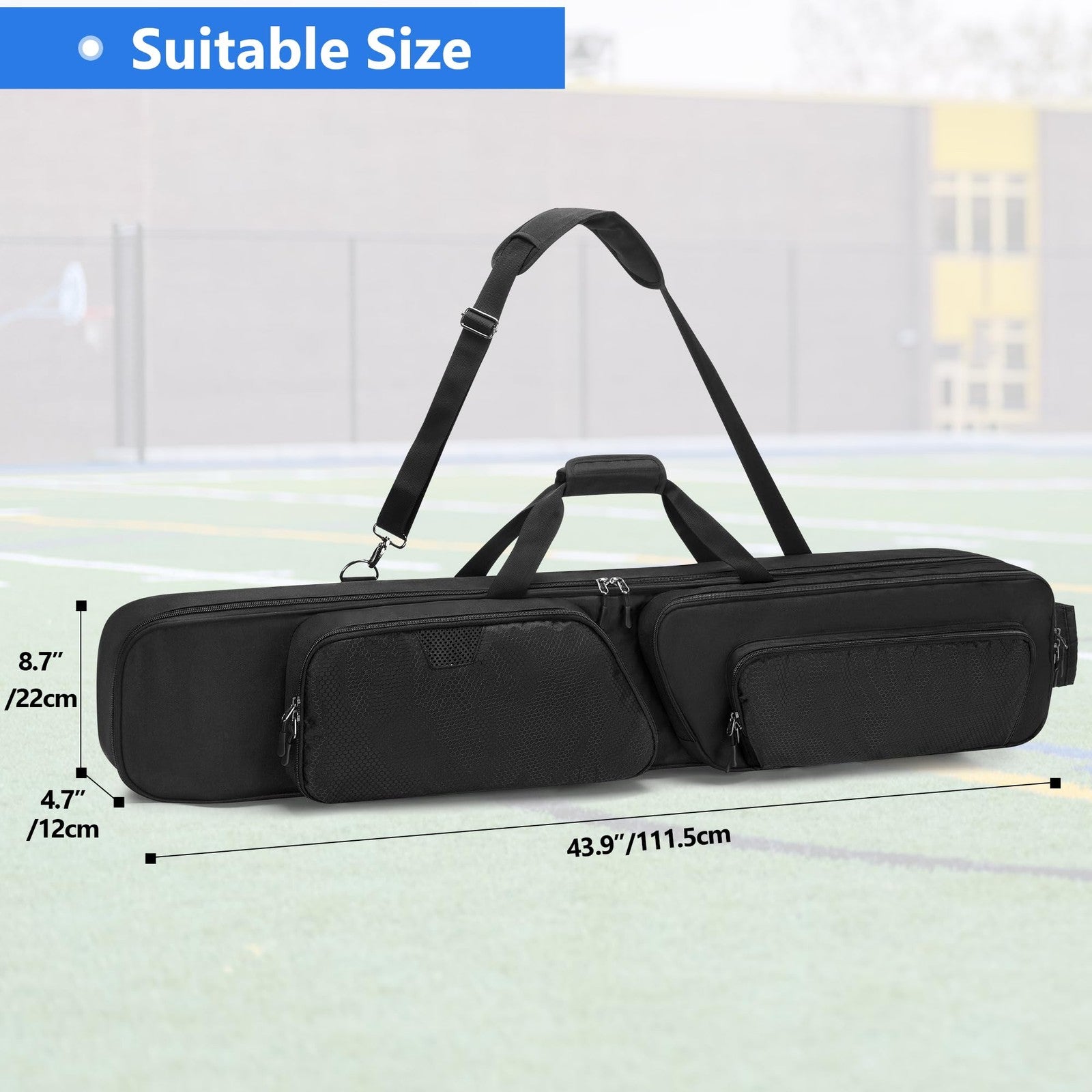 DSLEAF padded lacrosse stick bag with separate shoe compartment, holds 2 sticks and gear, durable and functional design.