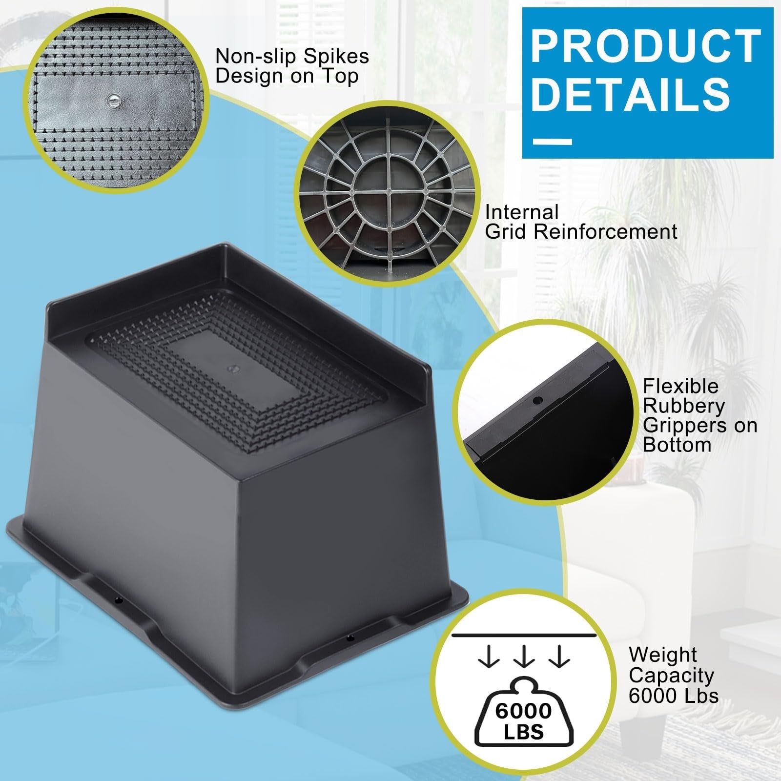 EGTTGIN heavy-duty bed risers in 2 to 6 inch sizes with a sturdy, oversized design, shown supporting a bed frame.