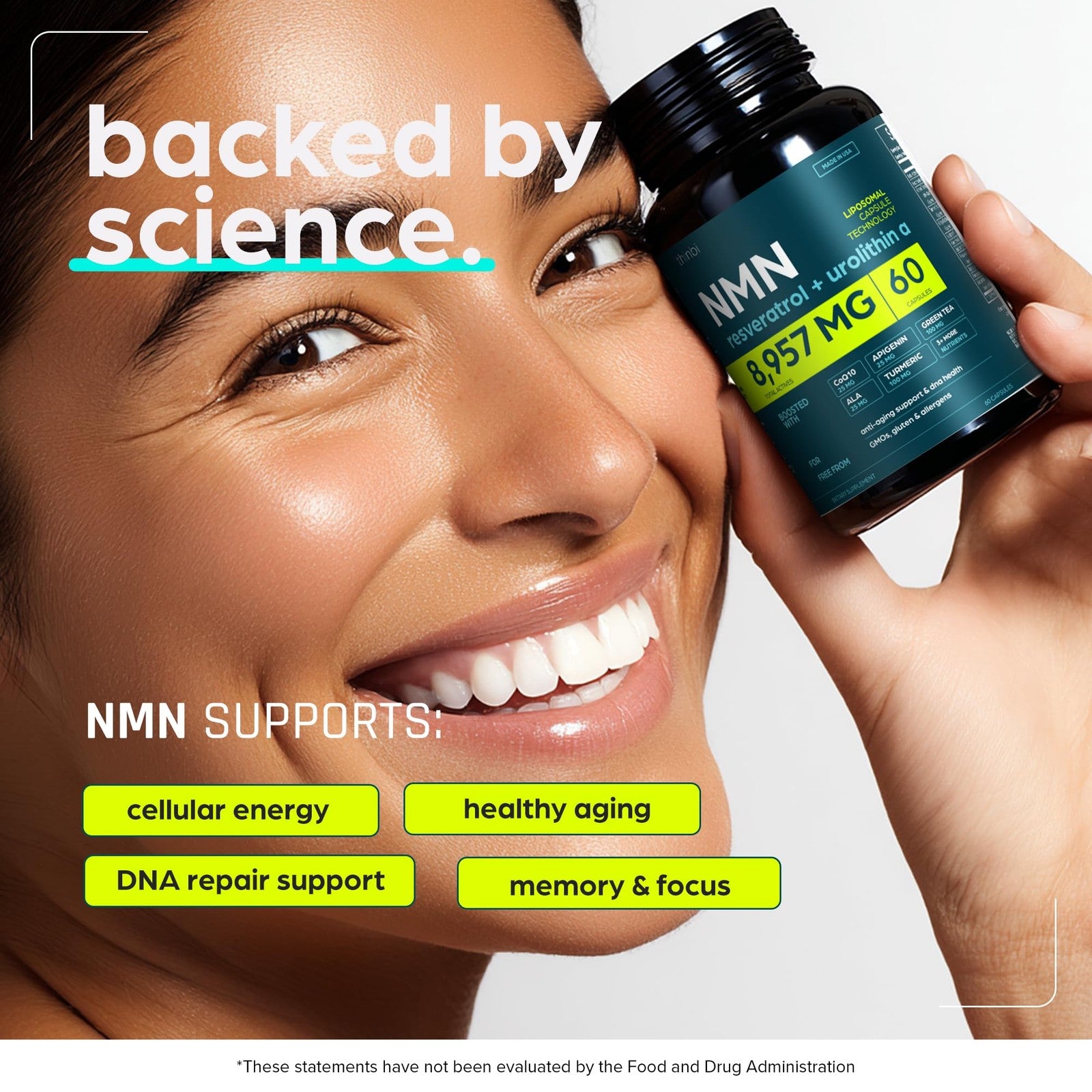 Thinbi NMN supplement with 8957mg, featuring real NAD+, Urolithin A, and Resveratrol for cellular health and anti-aging.