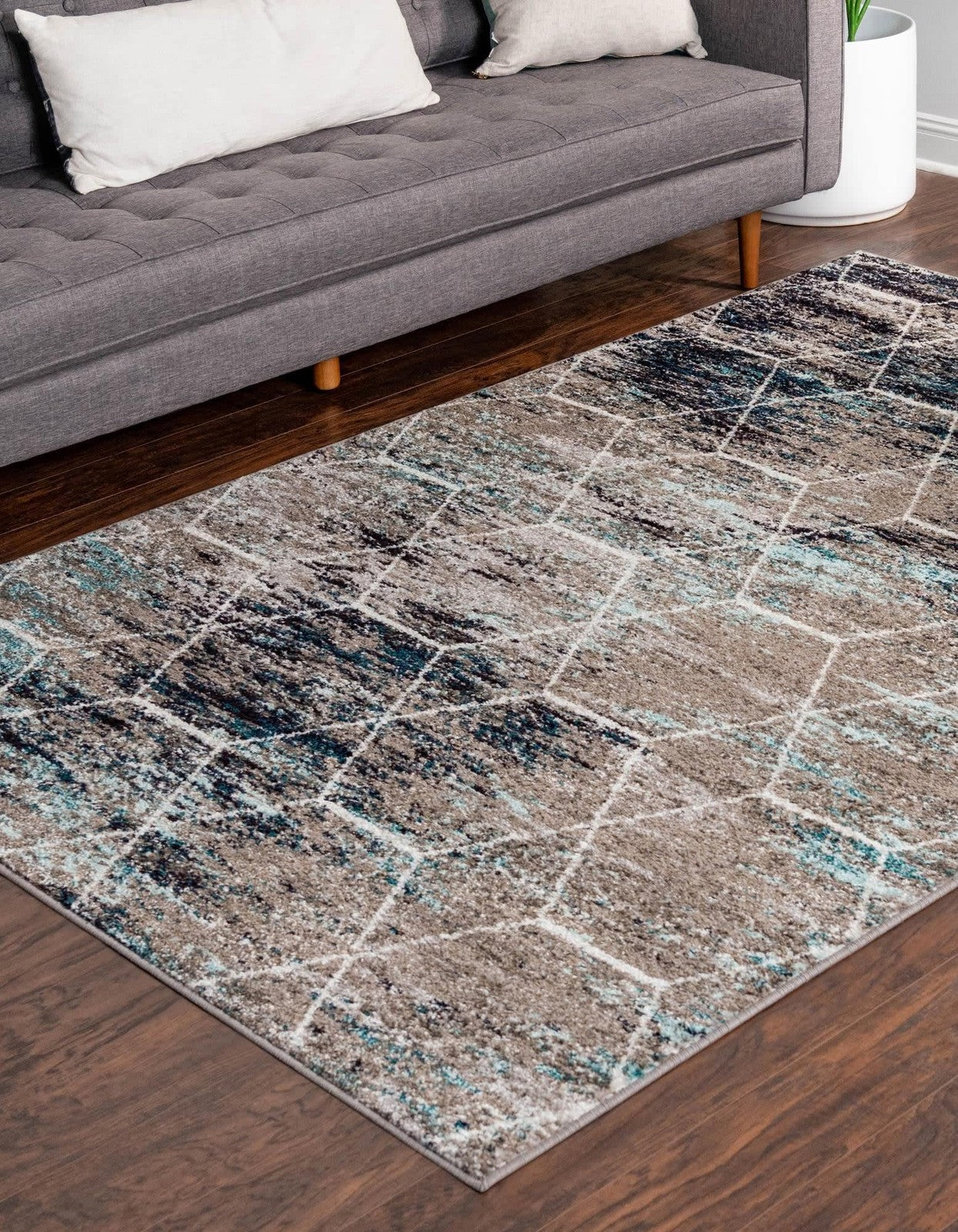 Unique Loom Trellis Frieze Collection area rug with blue and multi-colored geometric pattern, measuring 4x6 feet.