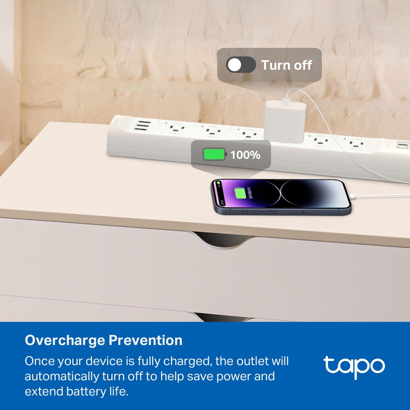 Tapo Smart Wi-Fi Power Strip with energy monitoring and surge protection, featuring multiple outlets and Matter compatibility.