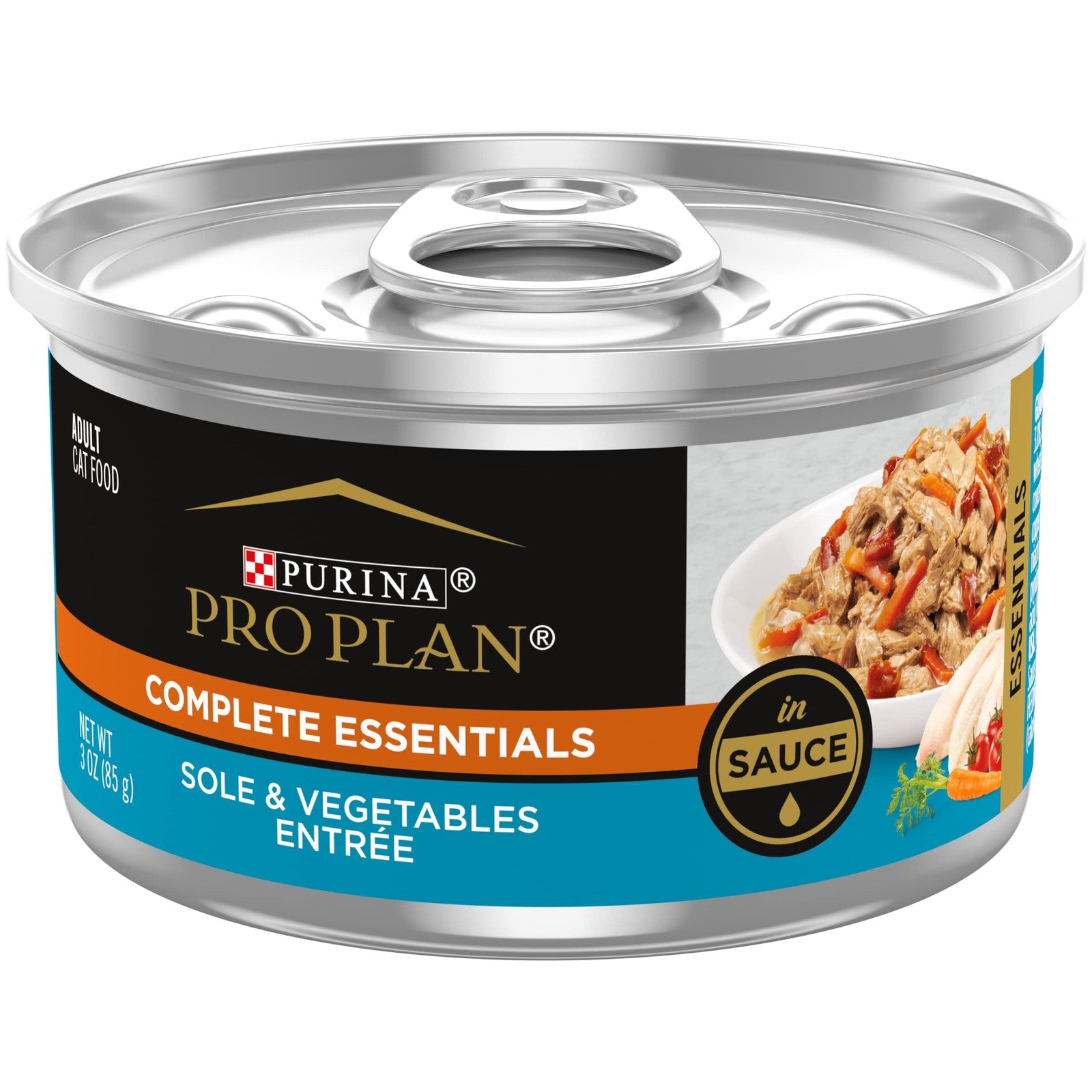 Canned Purina Pro Plan wet cat food with sole and vegetable pate in a metal can, featuring a creamy, smooth texture.