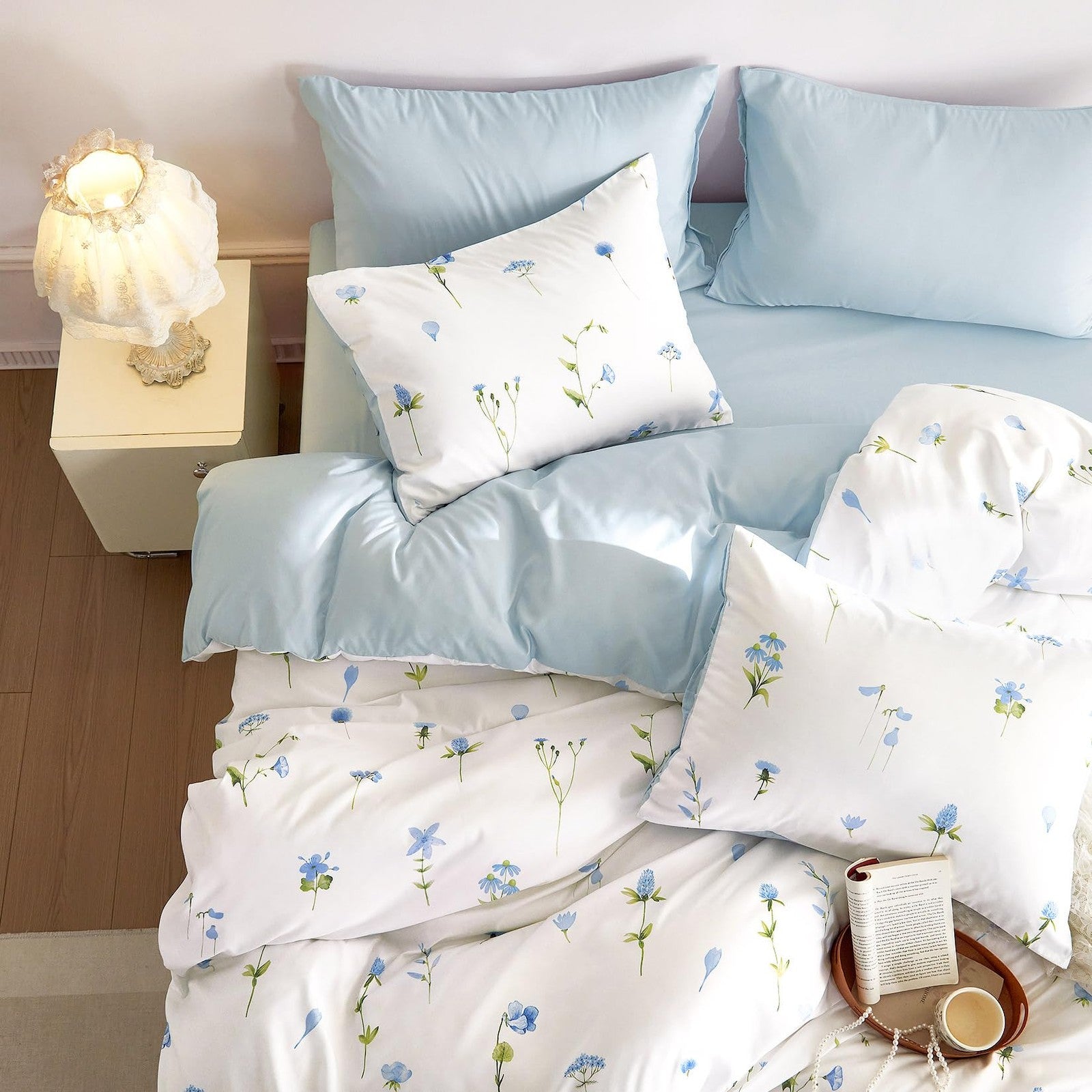 Wake In Cloud floral comforter set featuring watercolor cottagecore cute aesthetic with tiny floral patterns on soft bedding.