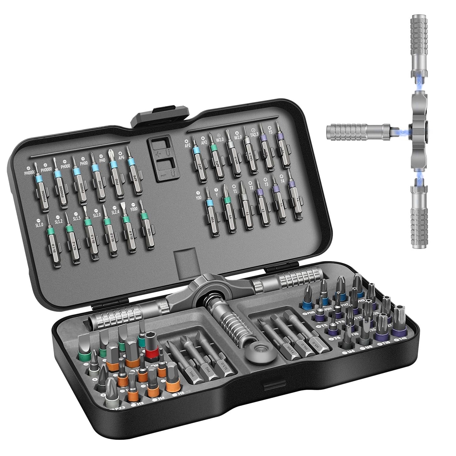 JENABOM 66-in-1 magnetic screwdriver set with various bits and ratchet handle, perfect for DIY repair and electronics projects.