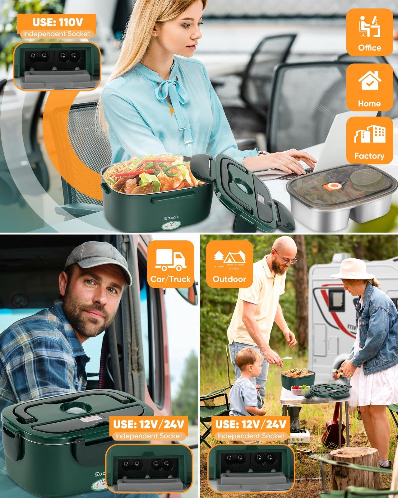 Eocolz electric lunch box with food heater, portable 80W food warmer for adults, showing the compact design and heating unit.