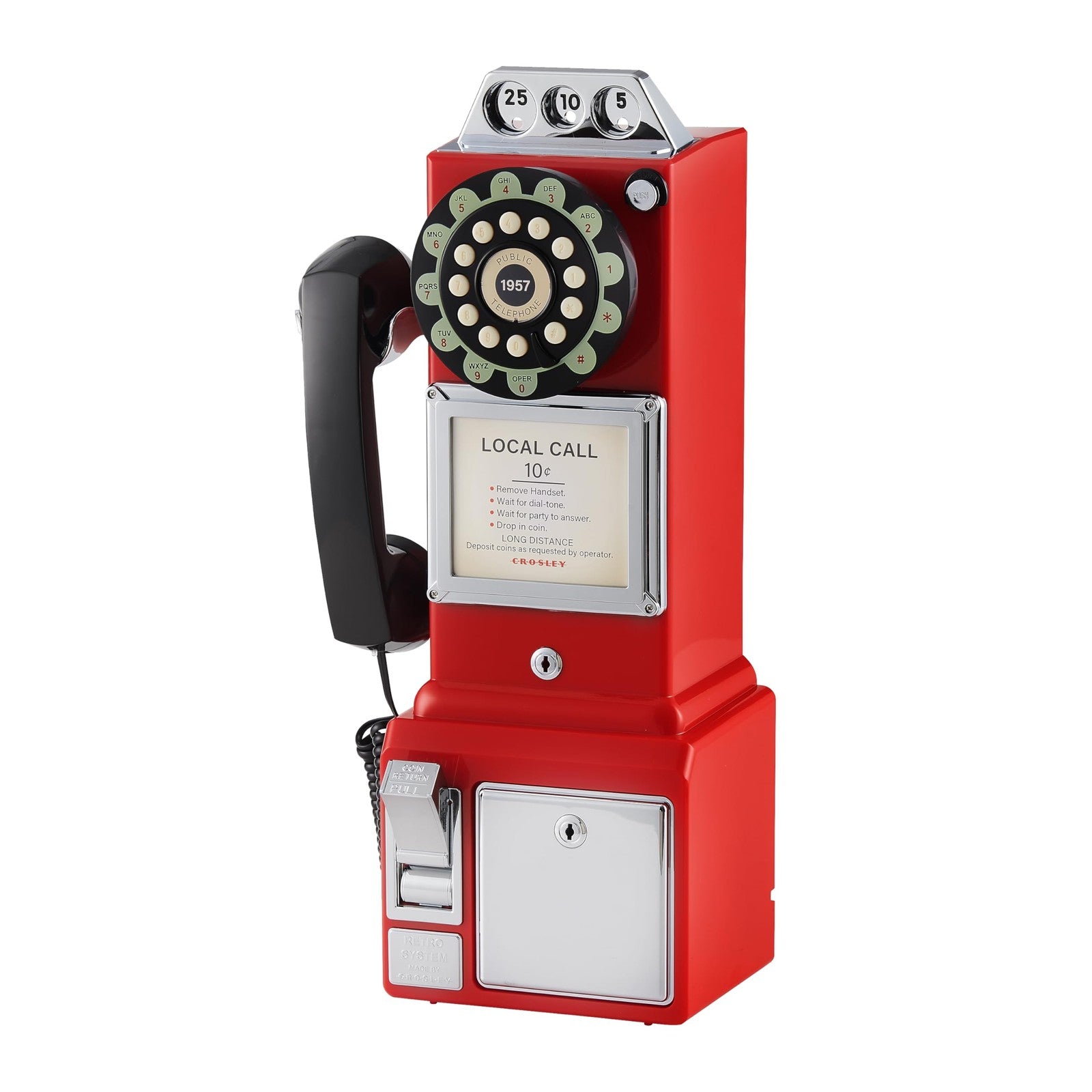 Red Crosley CR56-RE 1950s payphone with push button technology, vintage-style telephone with rotary dial and coin slot.