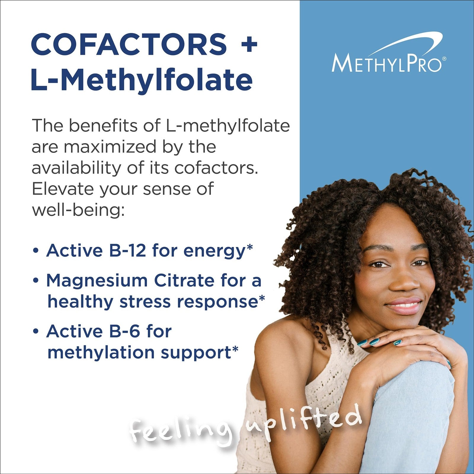 MethylPro L-Methylfolate 15mg supplement bottles with capsules, B12 and B6 for brain focus and calm health support.