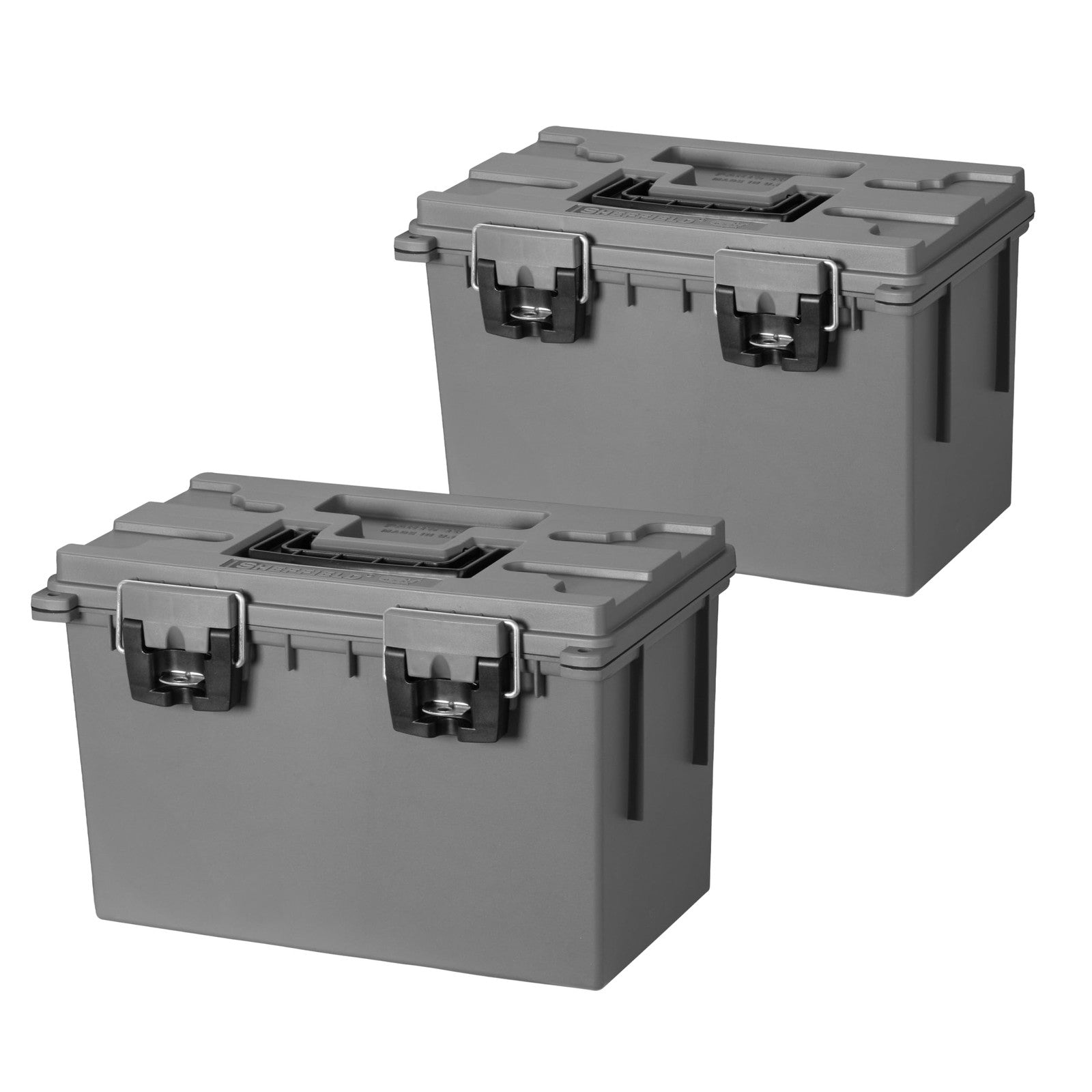 Sheffield XL storage bins with lids, 2-pack, stackable plastic storage containers for organizing household or office items.